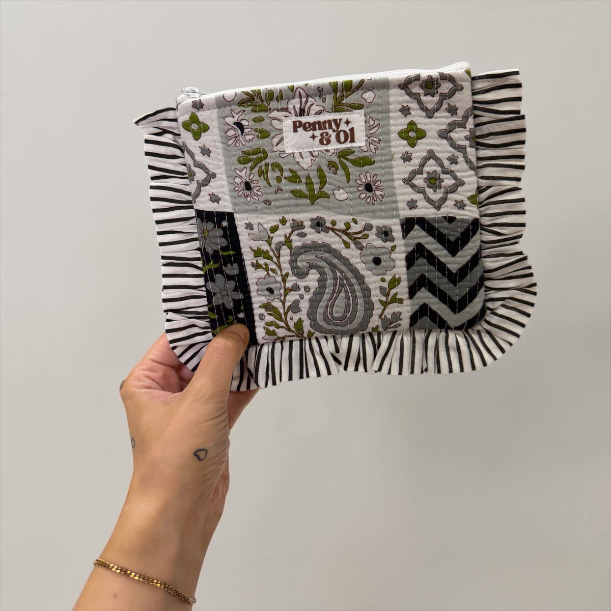 Grey And Black Patchwork Ruffle Pouch