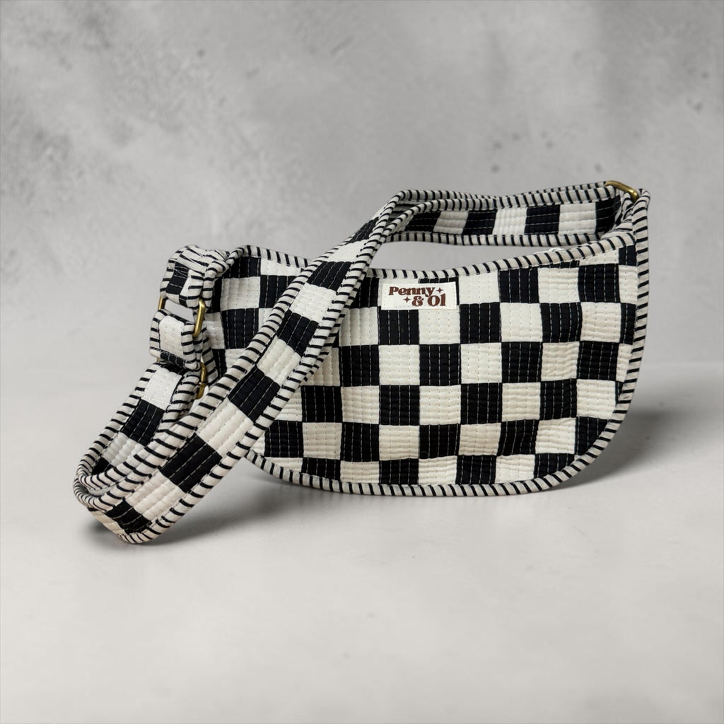 Black & White Checkerboard Mini Shoulder Bag, Handmade Cotton Tote Bags