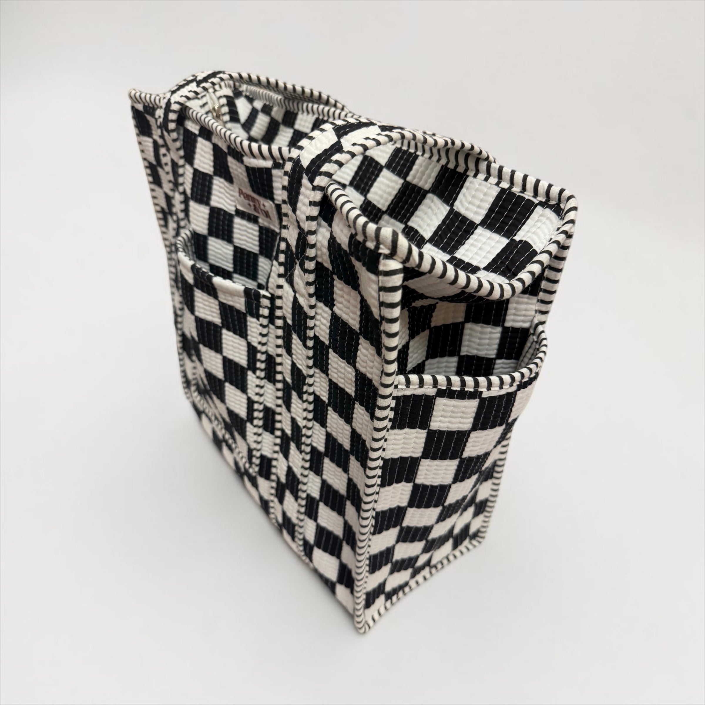 Black and white checkerboard travel tote bags. Handmade cotton totes
