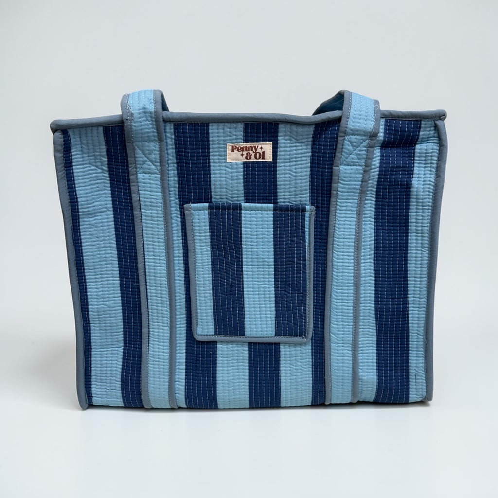 Denim Blue Stripes Travel Tote, Handmade Cotton Tote Bag