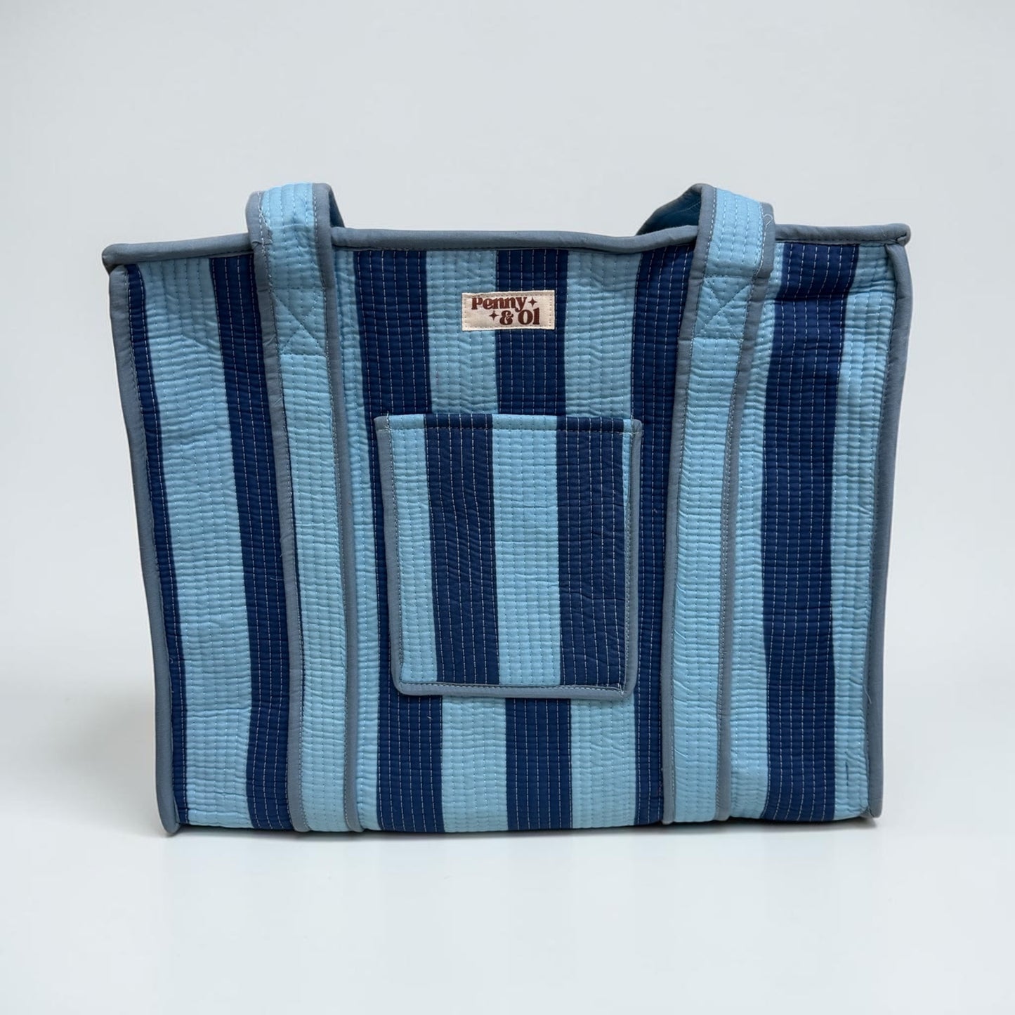 Denim Blue Stripes Travel Tote, Handmade Cotton Tote Bag