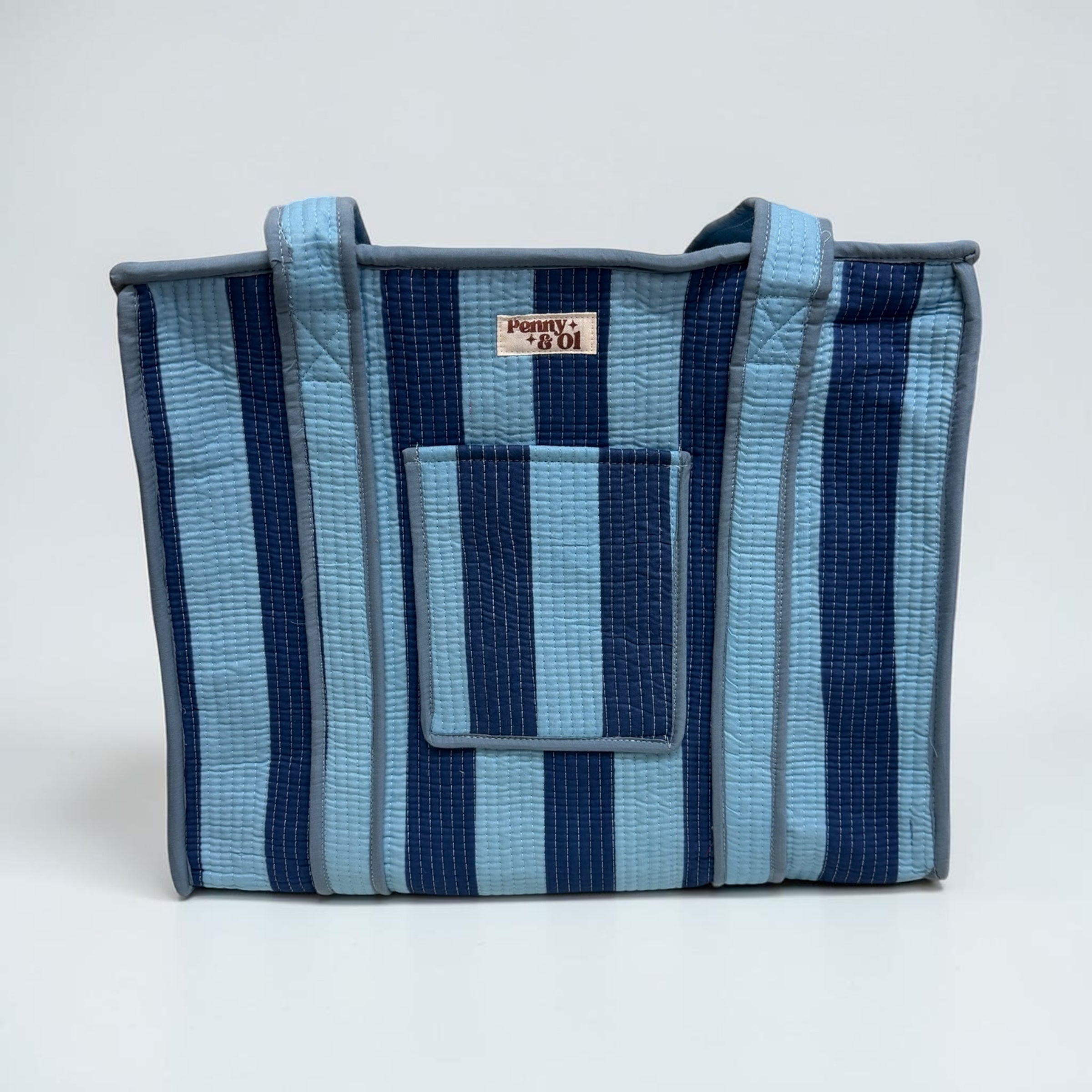 Denim Blue Stripes Travel Tote, Handmade Cotton Tote Bag
