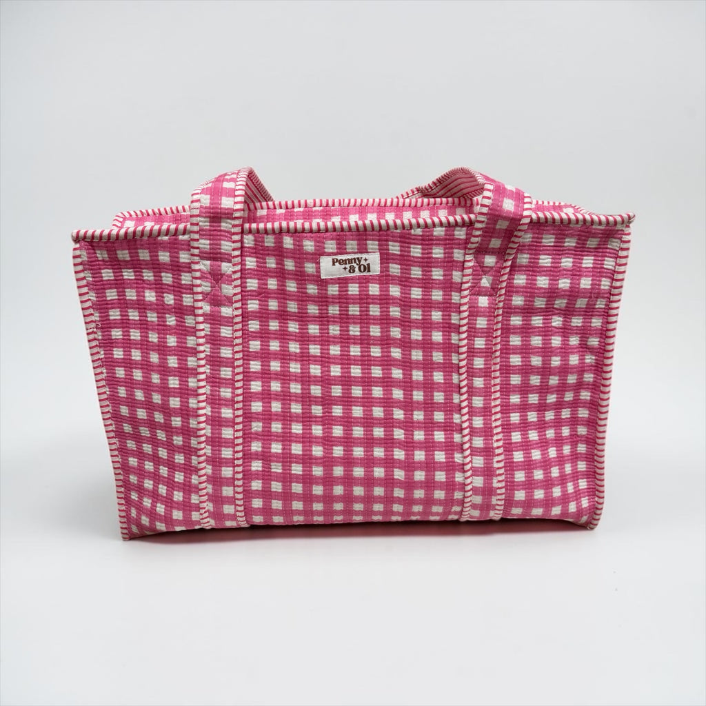 Pink Gingham LARGE tote bag, handmade cotton tote.