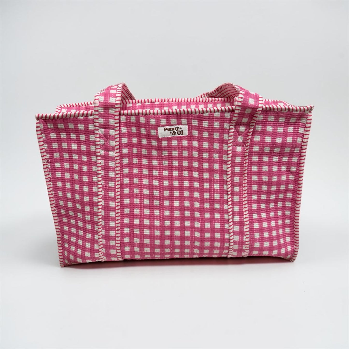 Pink Gingham LARGE tote bag, handmade cotton tote.