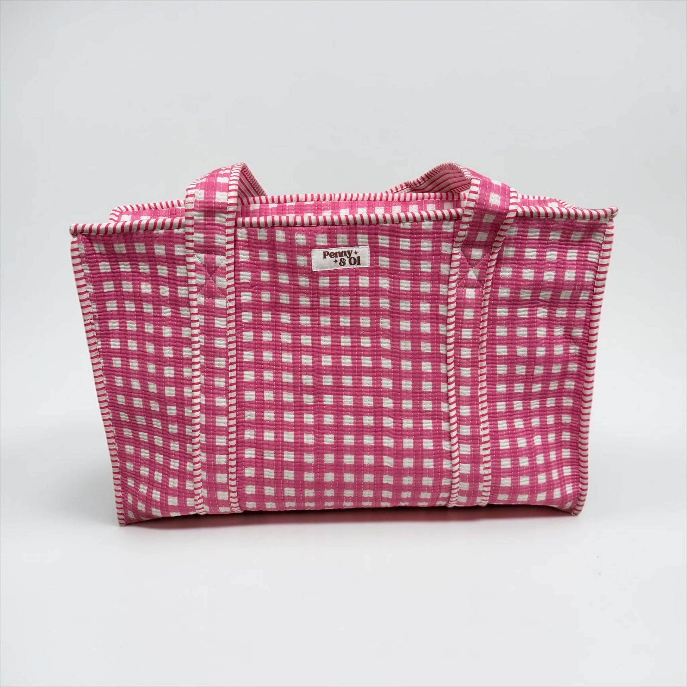 Pink Gingham LARGE tote bag, handmade cotton tote.