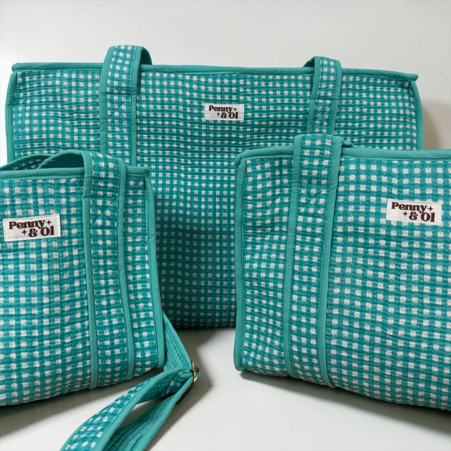 Aqua Gingham Collection. Cotton, handmade tote bags