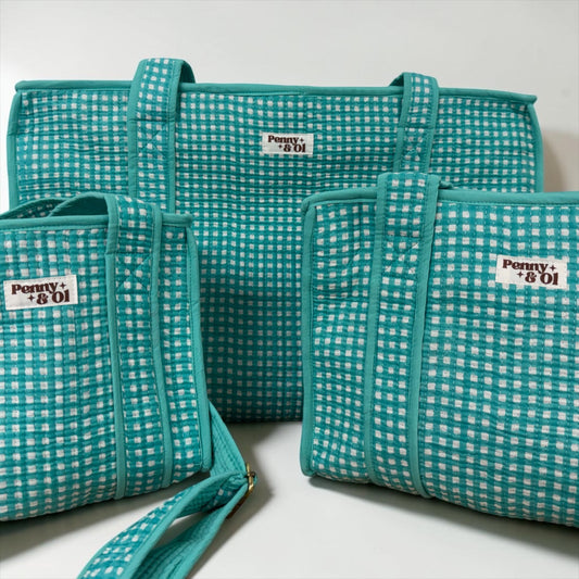 Aqua Gingham Collection. Cotton, handmade tote bags