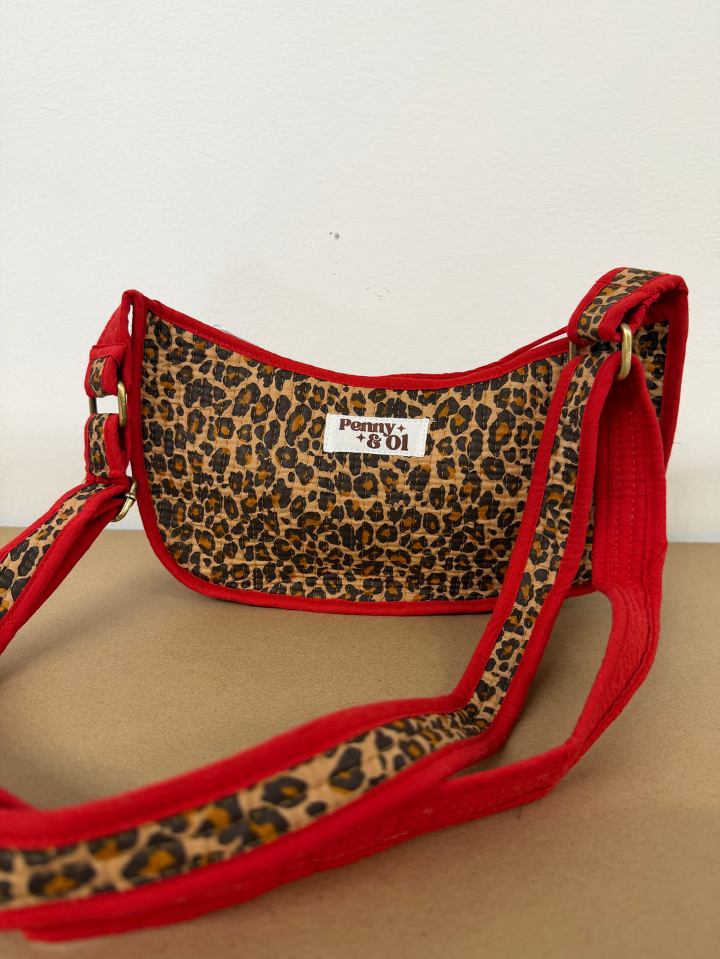 Red Leopard Mini Shoulder Bag, Handmade Cotton Tote Bags
