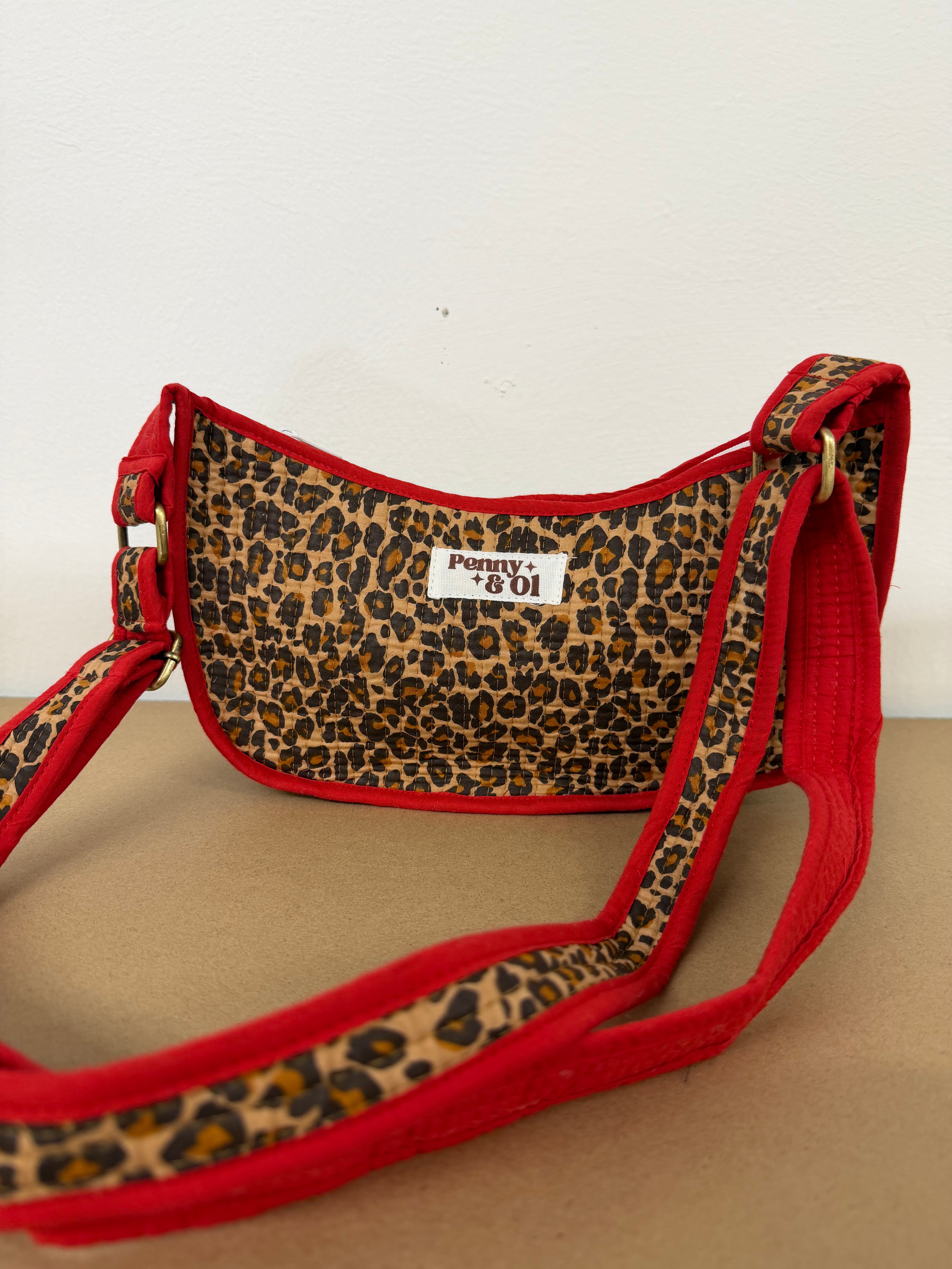 Red Leopard Mini Shoulder Bag, Handmade Cotton Tote Bags