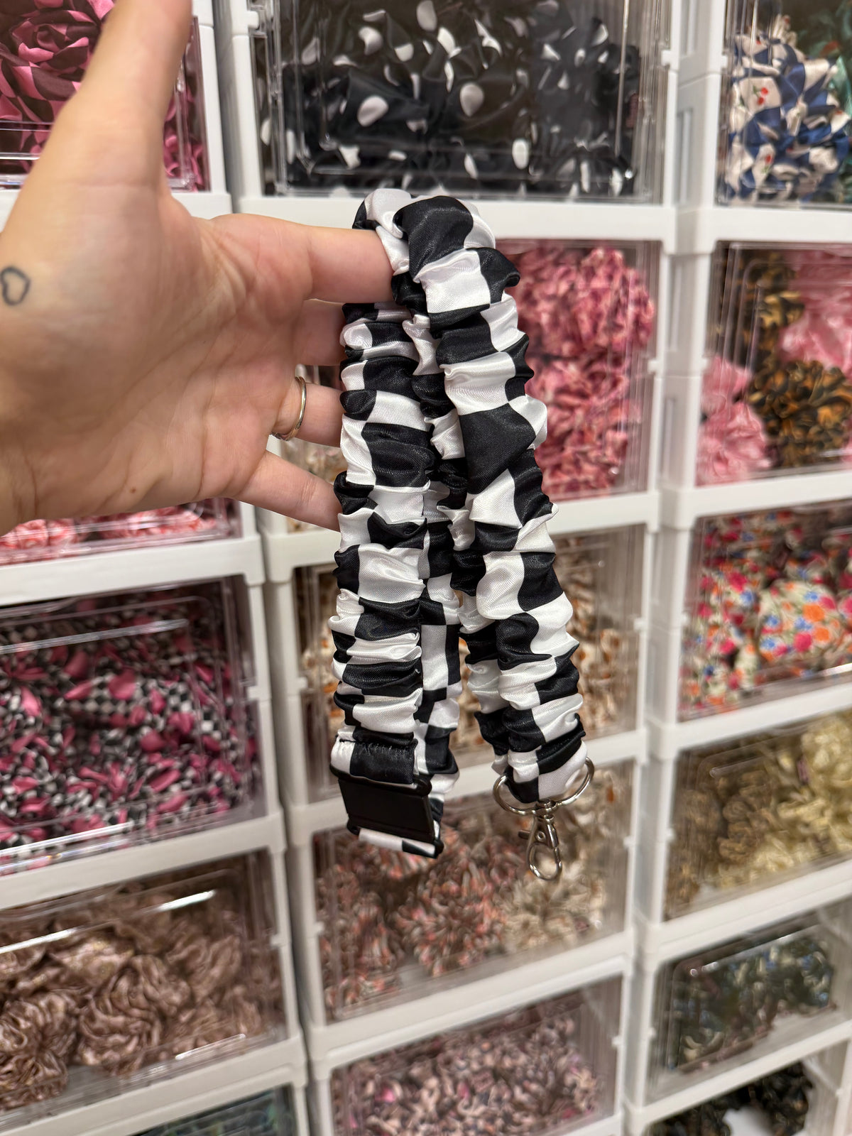 Black and white checkerboard Scrunchie Lanyard