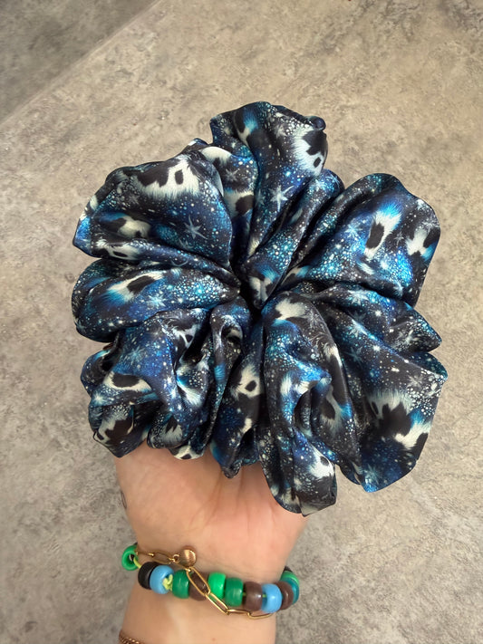 Blue sparkle cow print XL Satin Hair Scrunchie