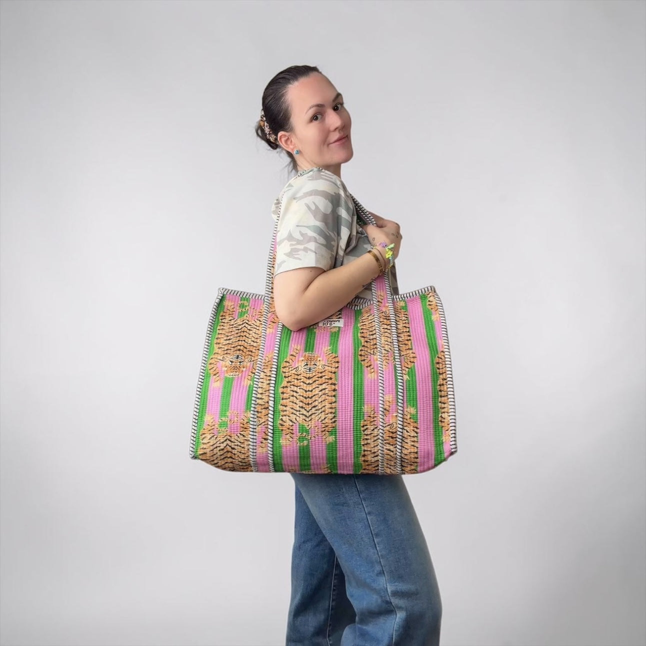 Pink and green striped tiger Large Cotton Tote Bag, handmade tote bags