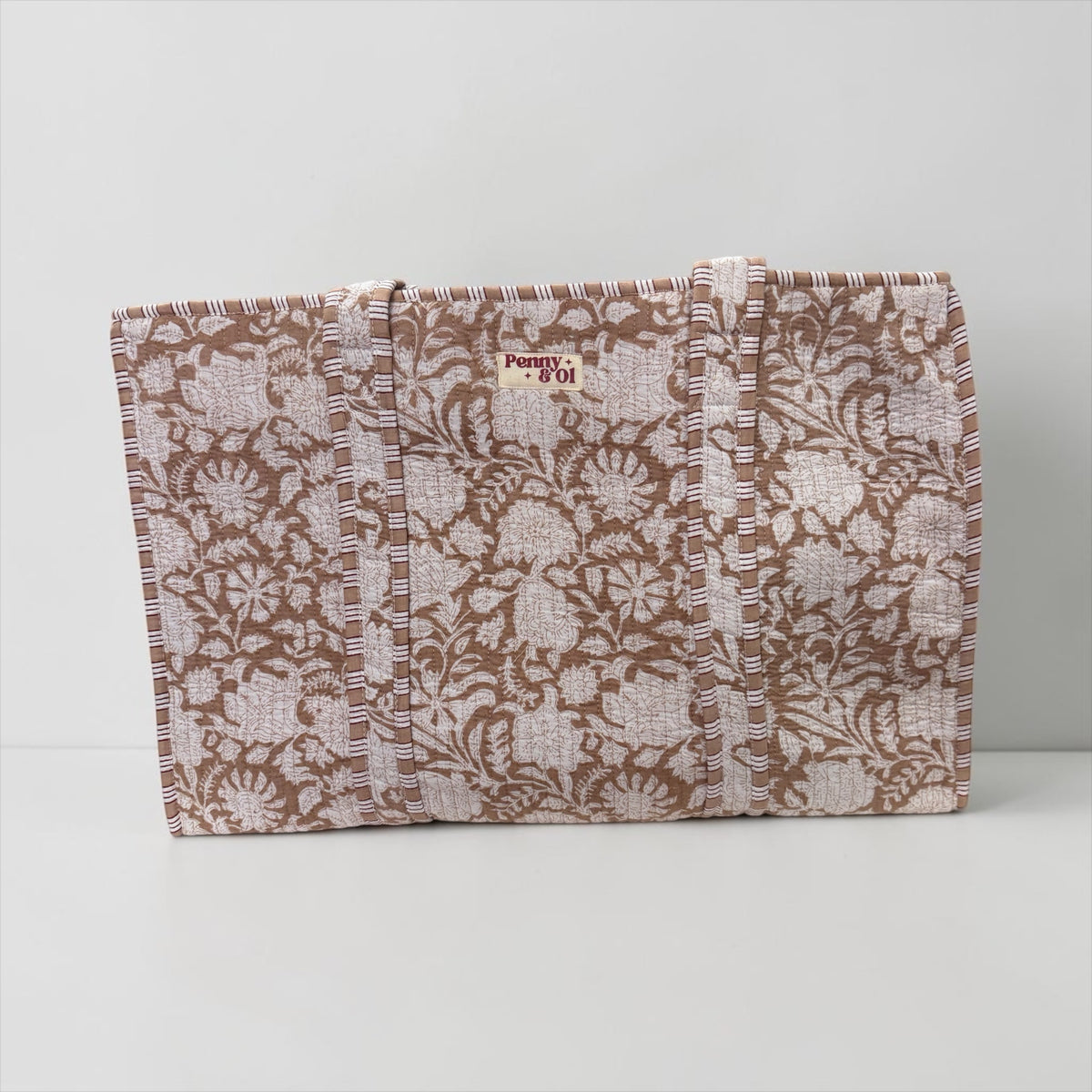 Beige Floral Large Cotton Tote Bag, handmade tote bags