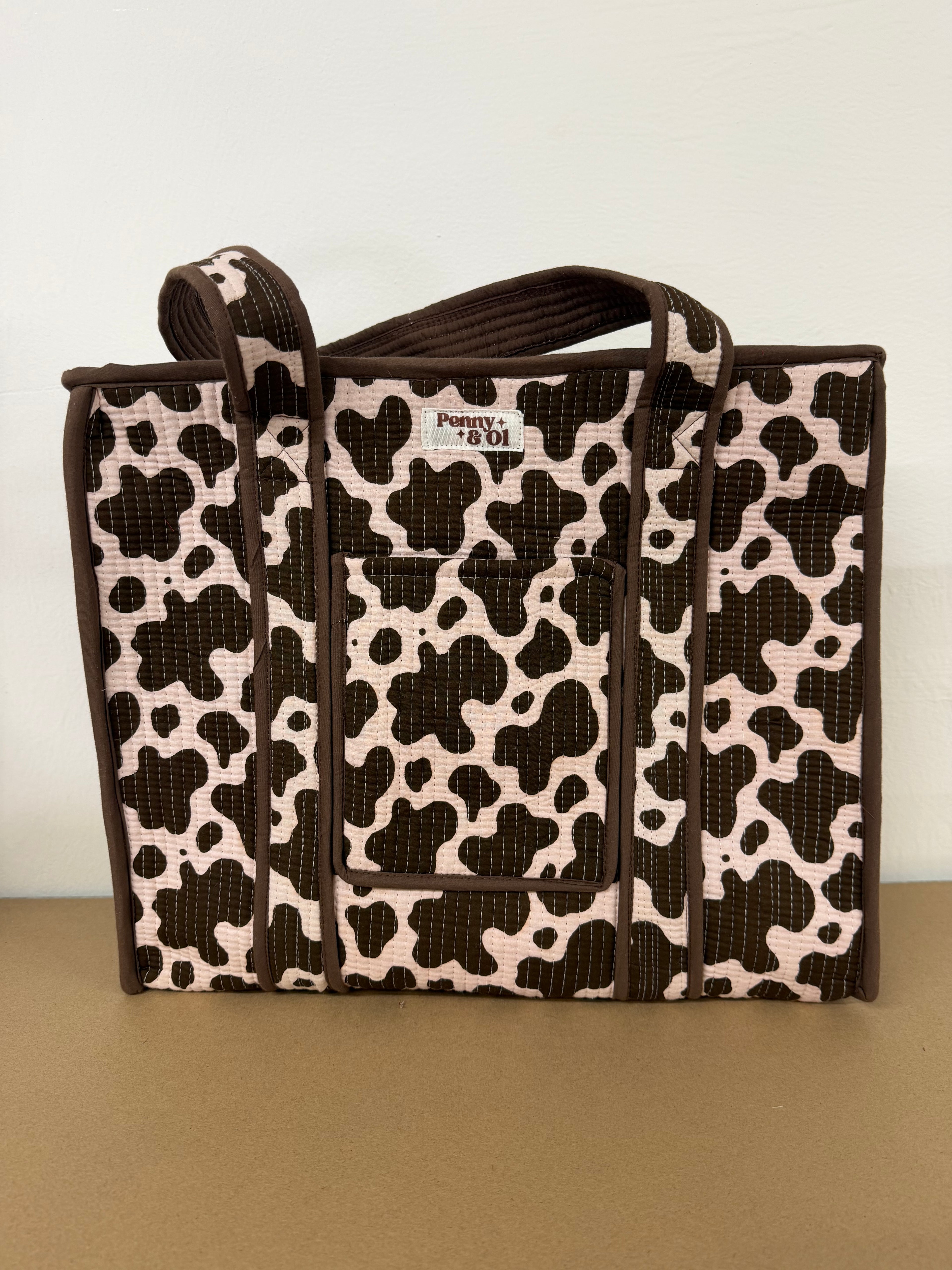 Cow Print Travel Tote, Handmade Cotton Tote Bag