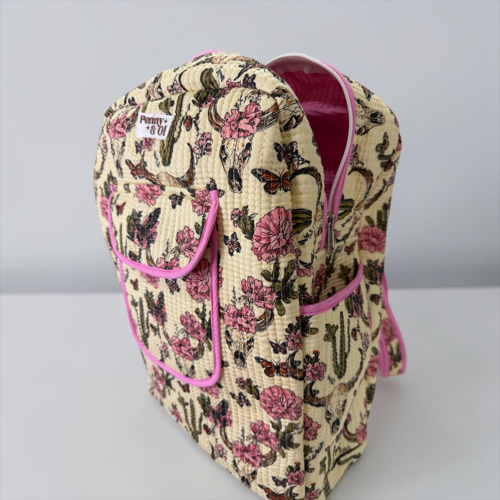 Pink Vintage Western Backpack, handmade cotton tote bags