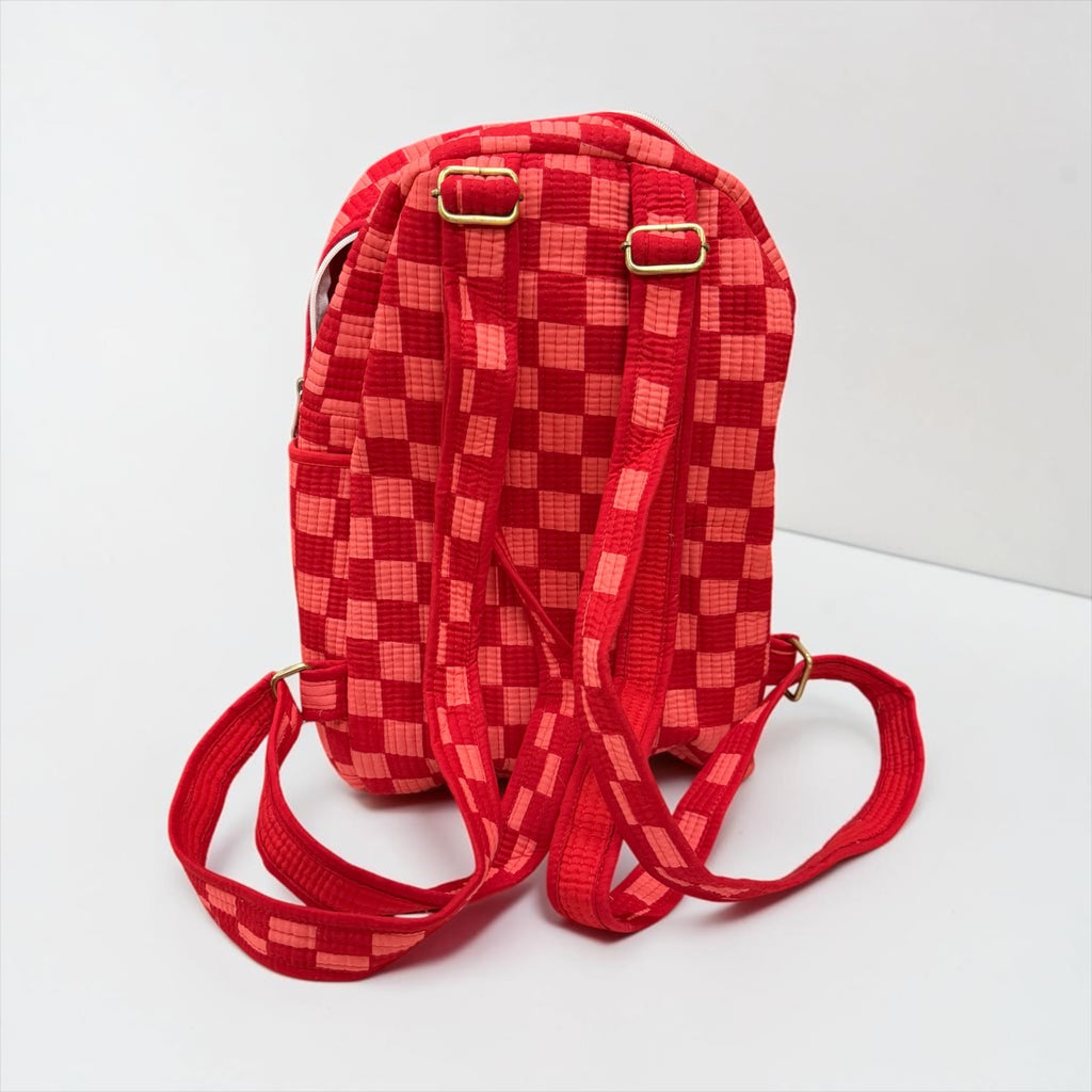 Pink & Red Checkerboard Backpack, handmade cotton tote bags.