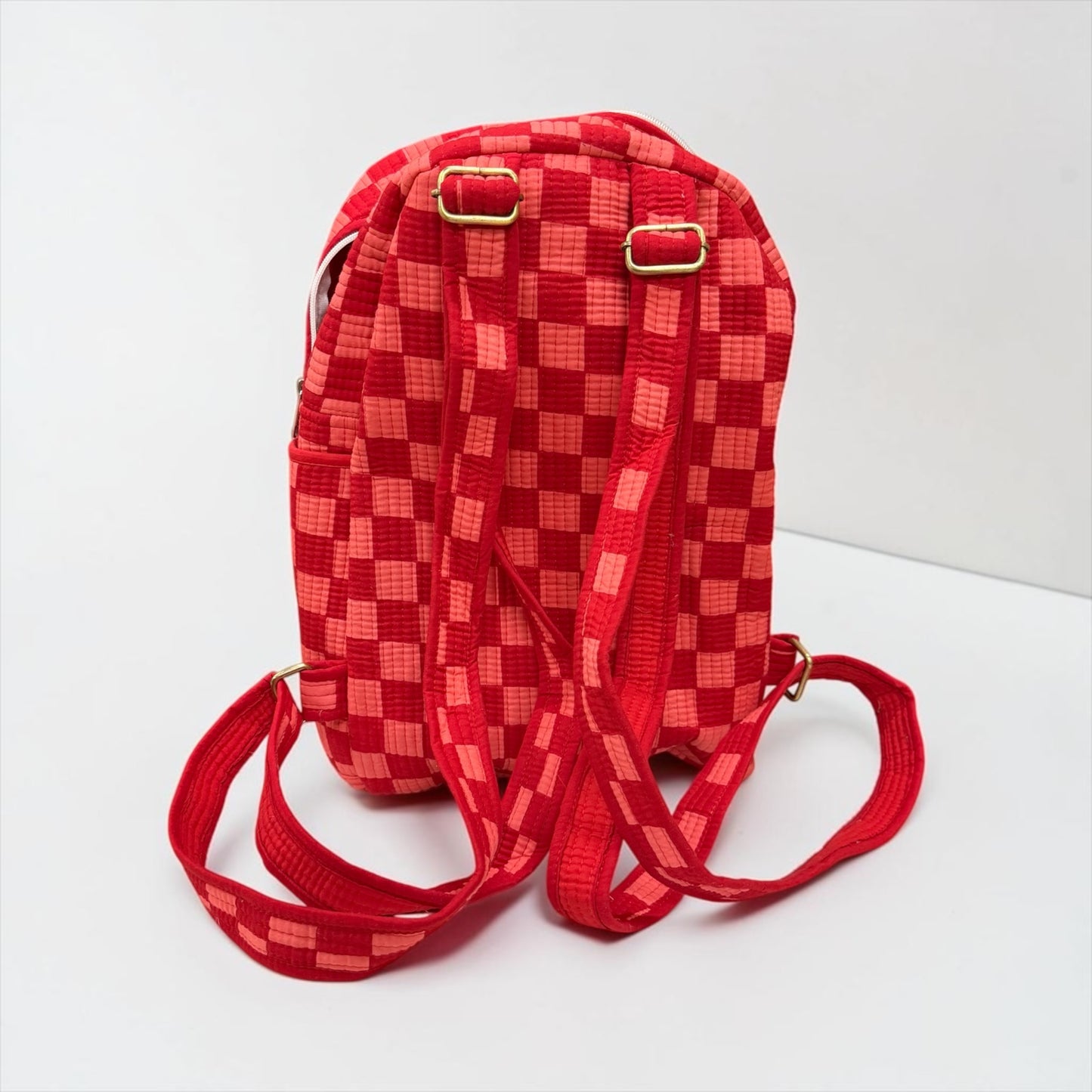 Pink & Red Checkerboard Backpack, handmade cotton tote bags.