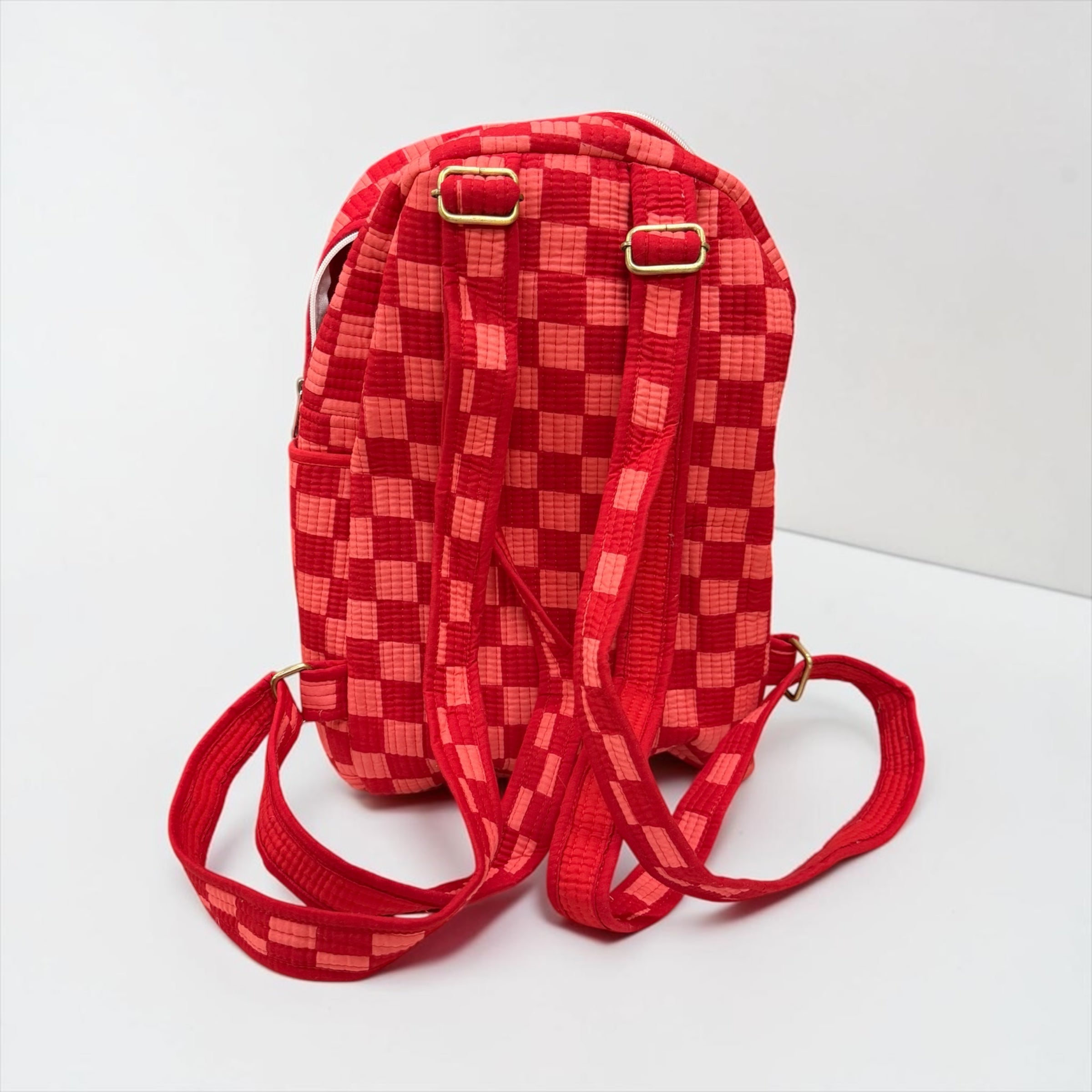 Pink & Red Checkerboard Backpack, handmade cotton tote bags.