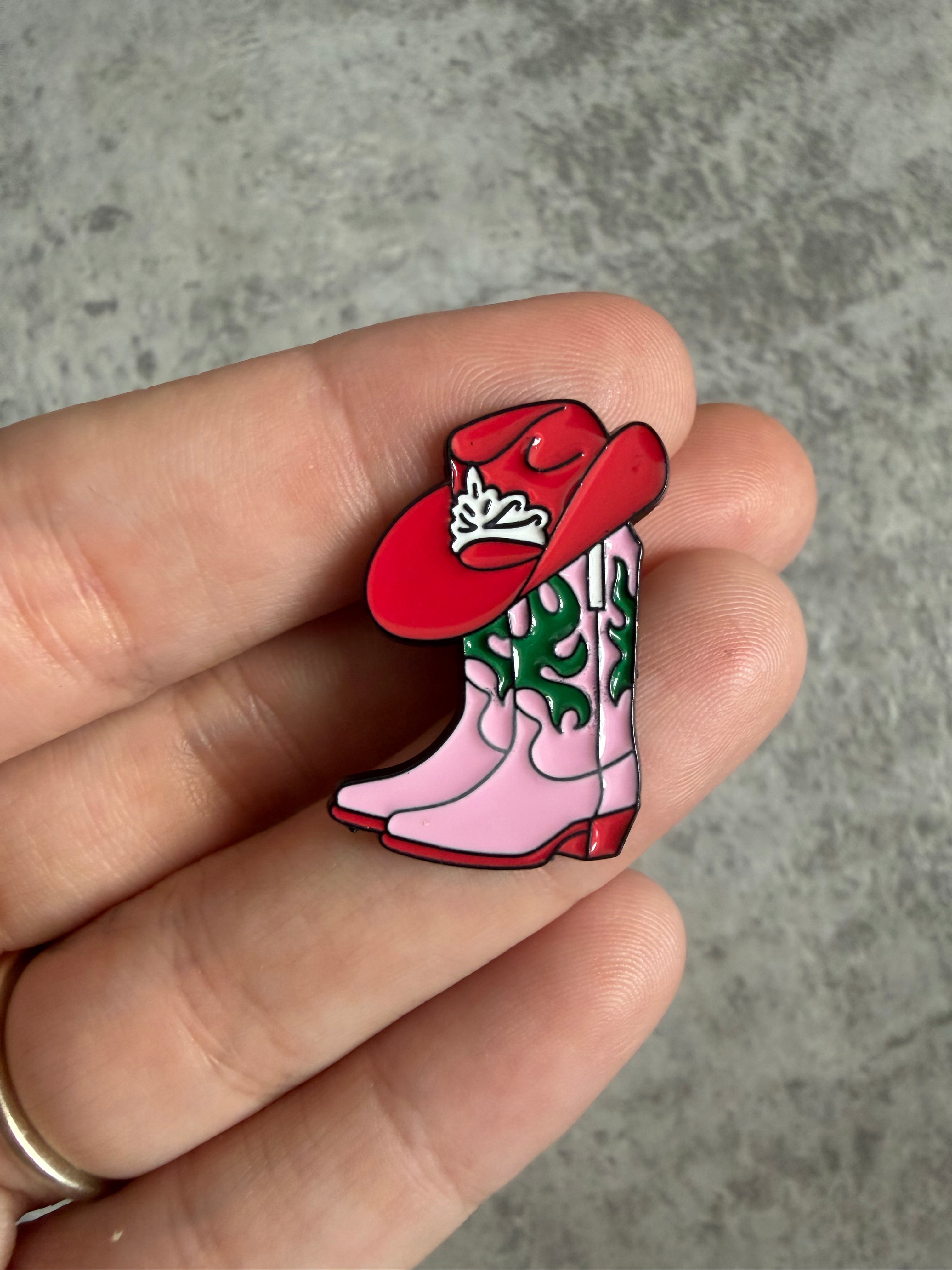 Pink cowgirl boots with red hat Pin Badge, western