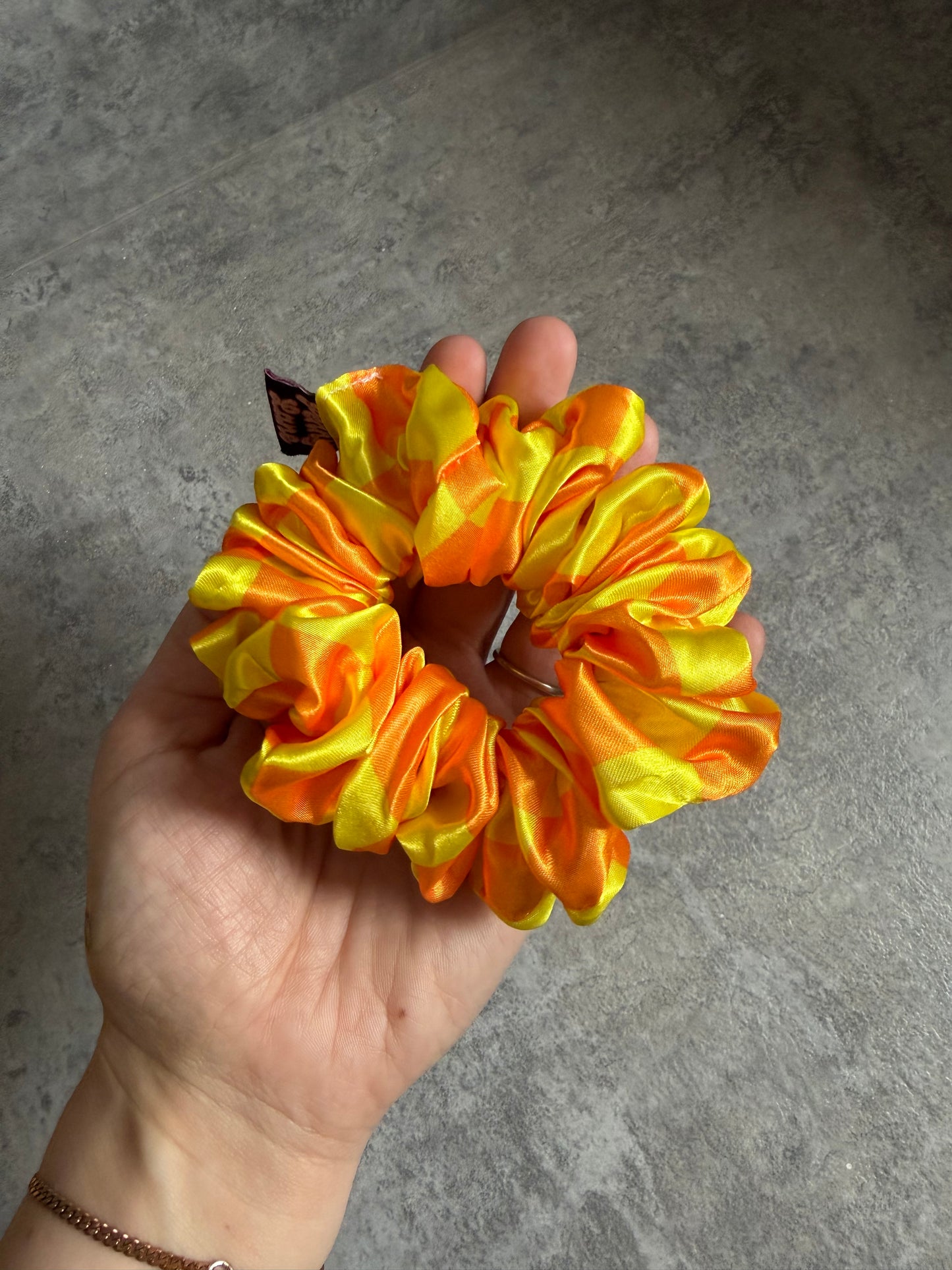 Yellow & Orange Checkerboard MIDI Satin Hair Scrunchie