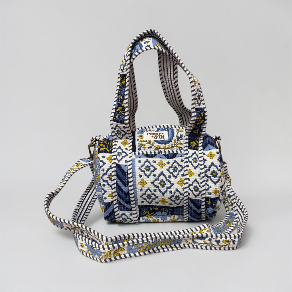 Blue & White Patchwork Mini Duffle Tote Bags - Penny & Ol