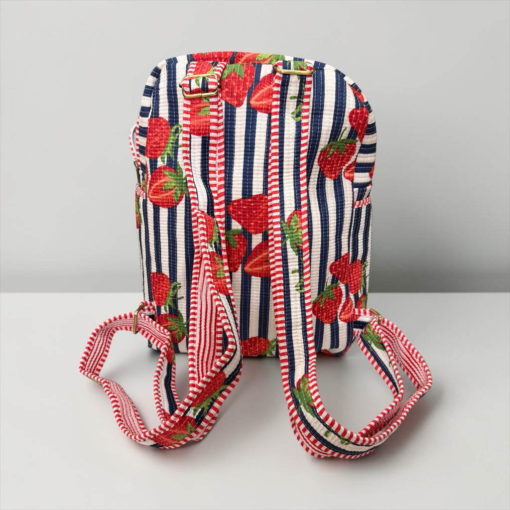 Navy Stripe Strawberry Backpack, handmade cotton tote bags.