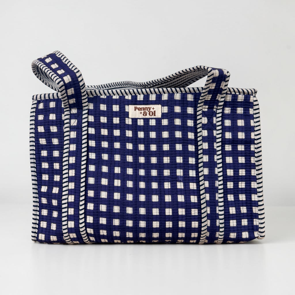 Navy Gingham Medium Cotton, handmade tote bag