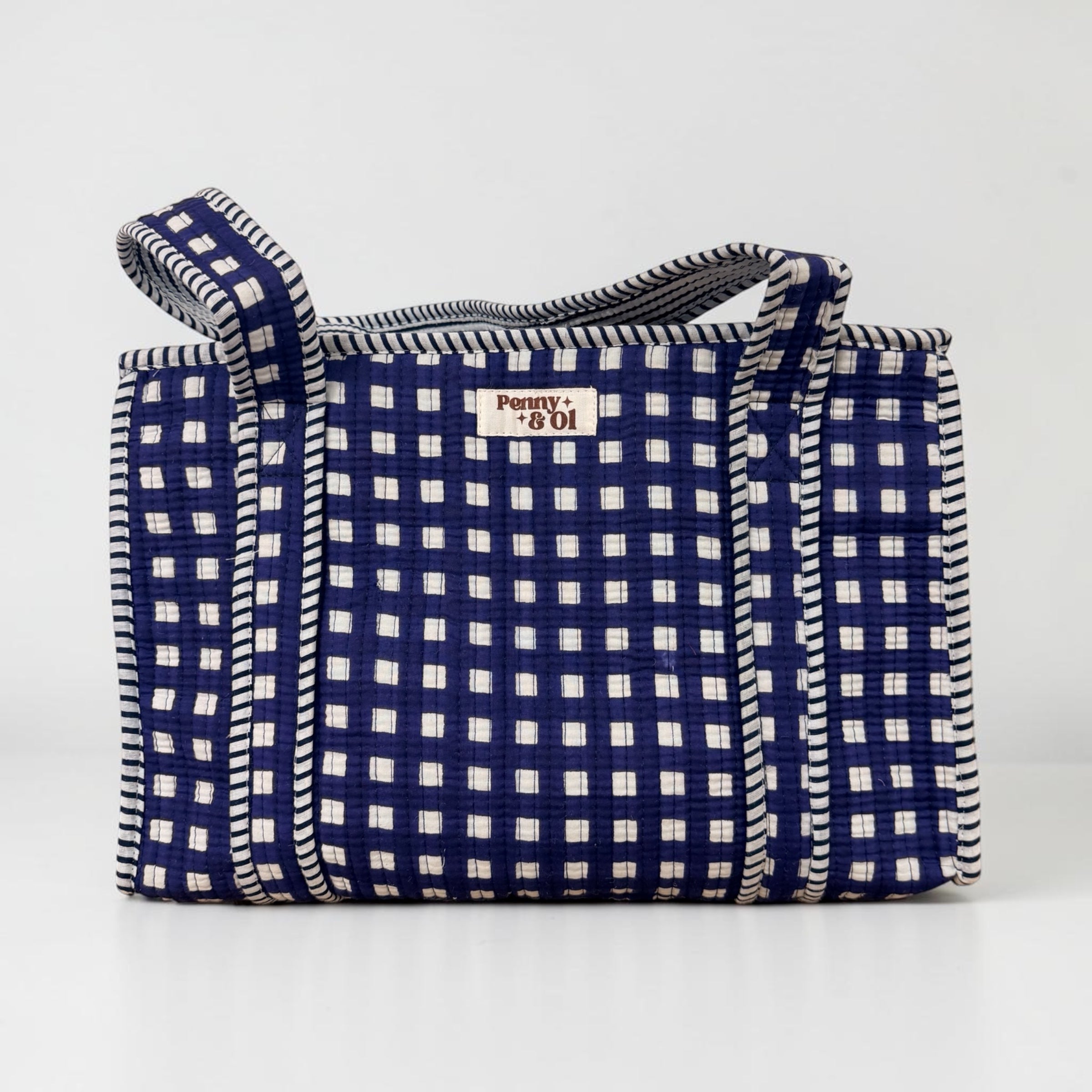 Navy Gingham Medium Cotton, handmade tote bag