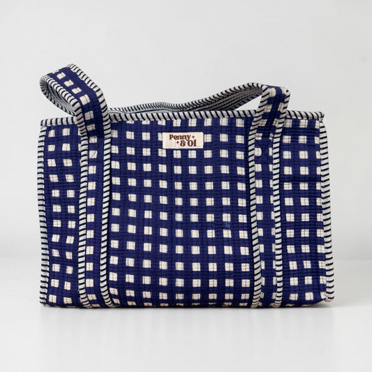 Navy Gingham Medium Cotton, handmade tote bag