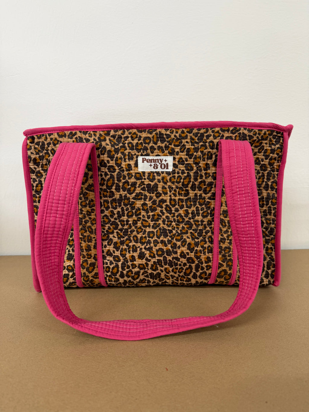 Pink Leopard Print Medium Cotton, handmade tote bag