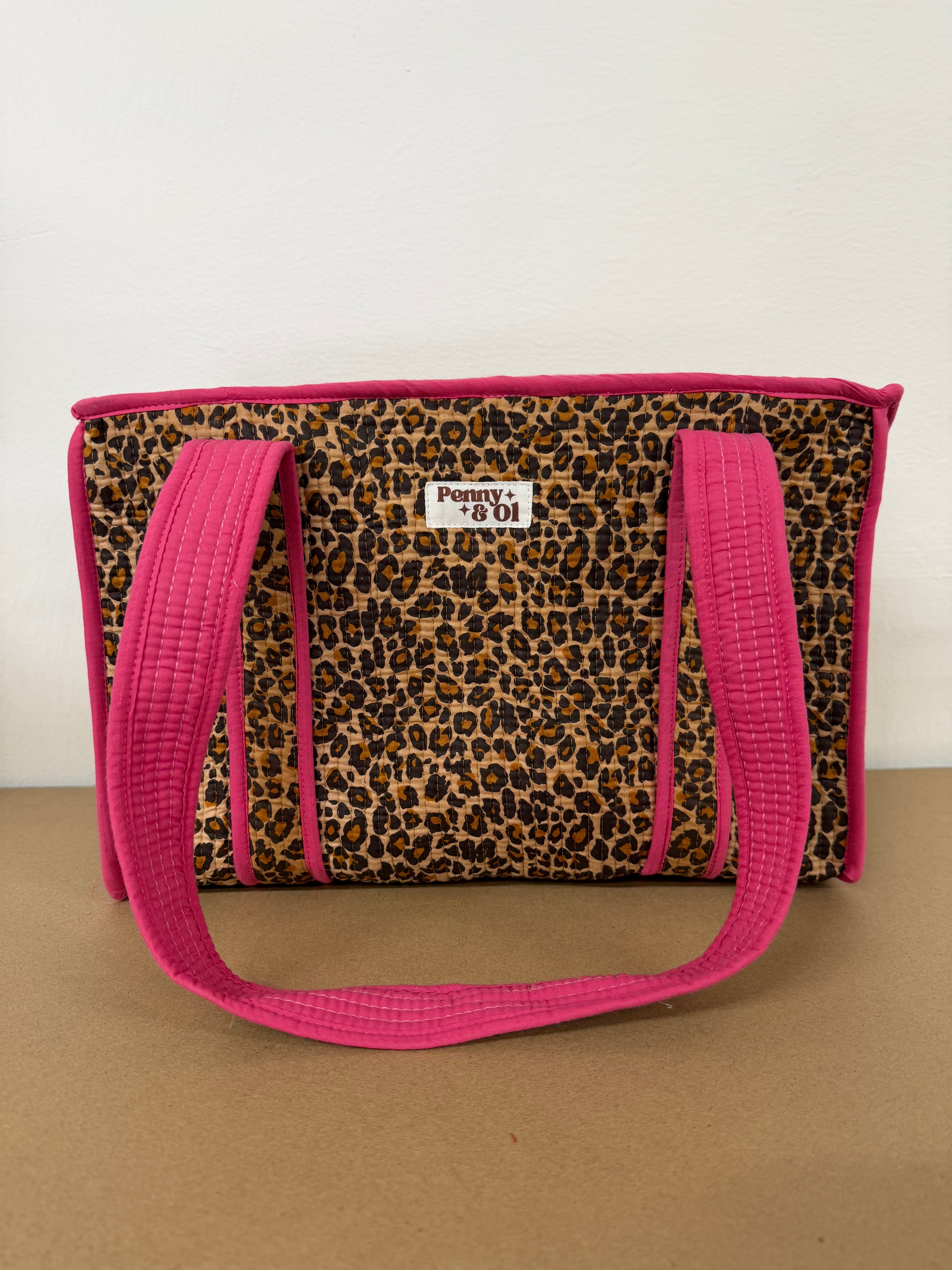 Pink Leopard Print Medium Cotton, handmade tote bag