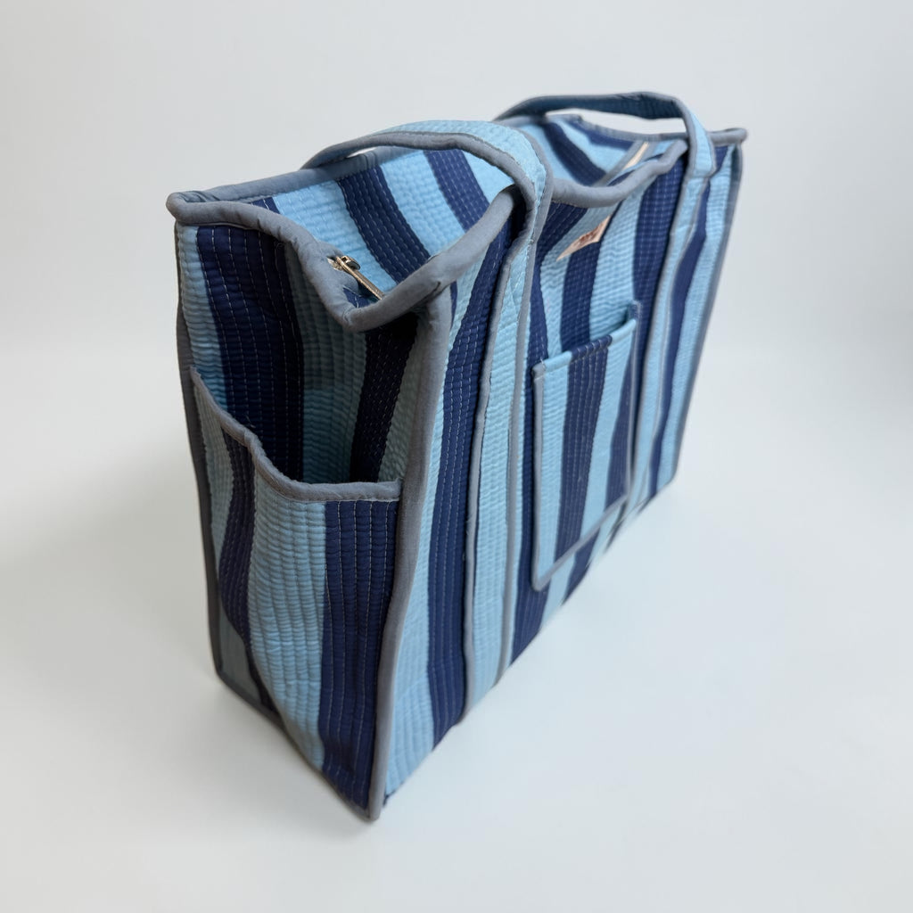 Denim Blue Stripes Travel Tote, Handmade Cotton Tote Bag