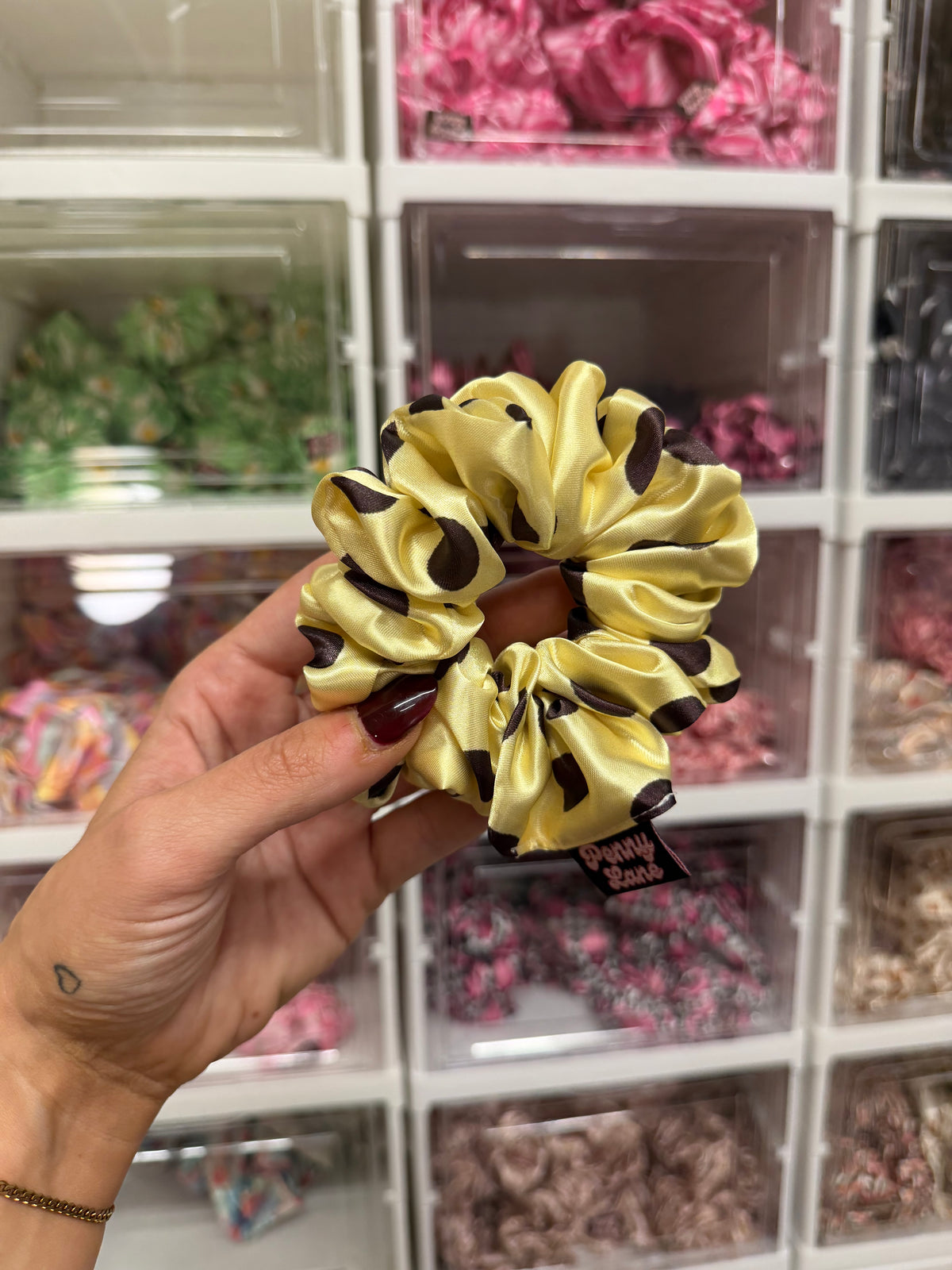 Yellow and Brown Polkadot MIDI Satin Hair Scrunchie