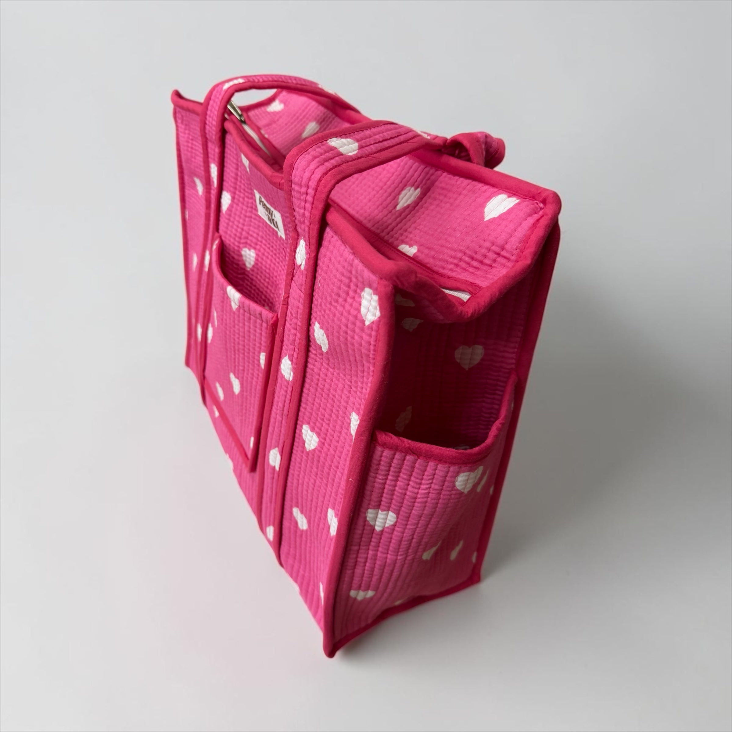 Pink Hearts Travel Tote, Handmade Cotton Tote Bag