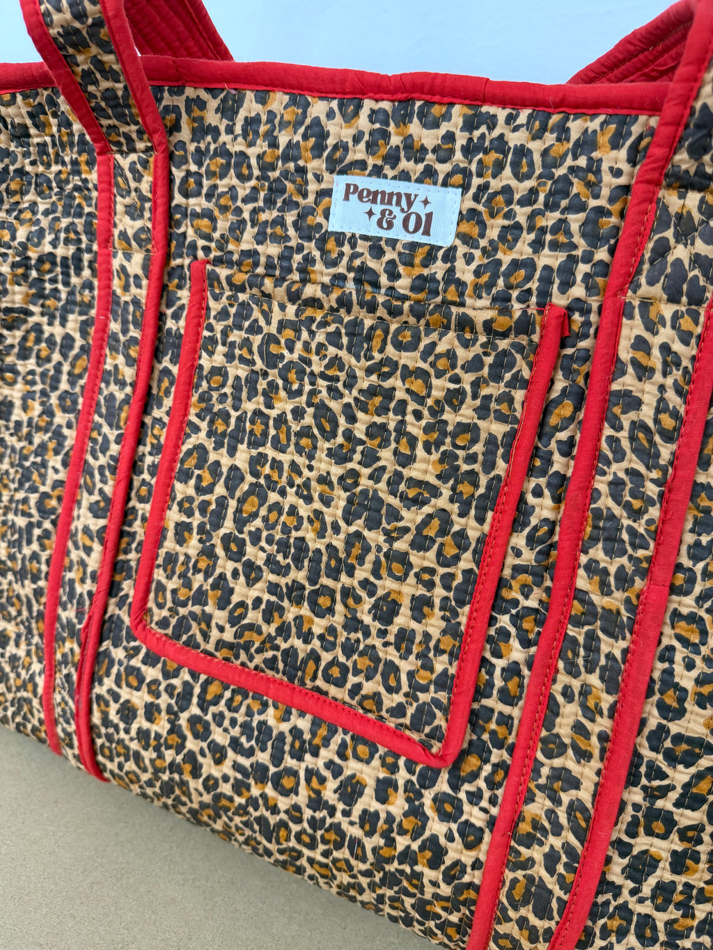 Red Leopard Print Travel Tote, Handmade Cotton Tote Bag
