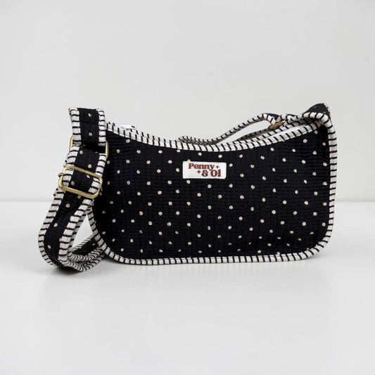 Black polka dot Mini Shoulder Bag, Handmade Cotton Tote Bags