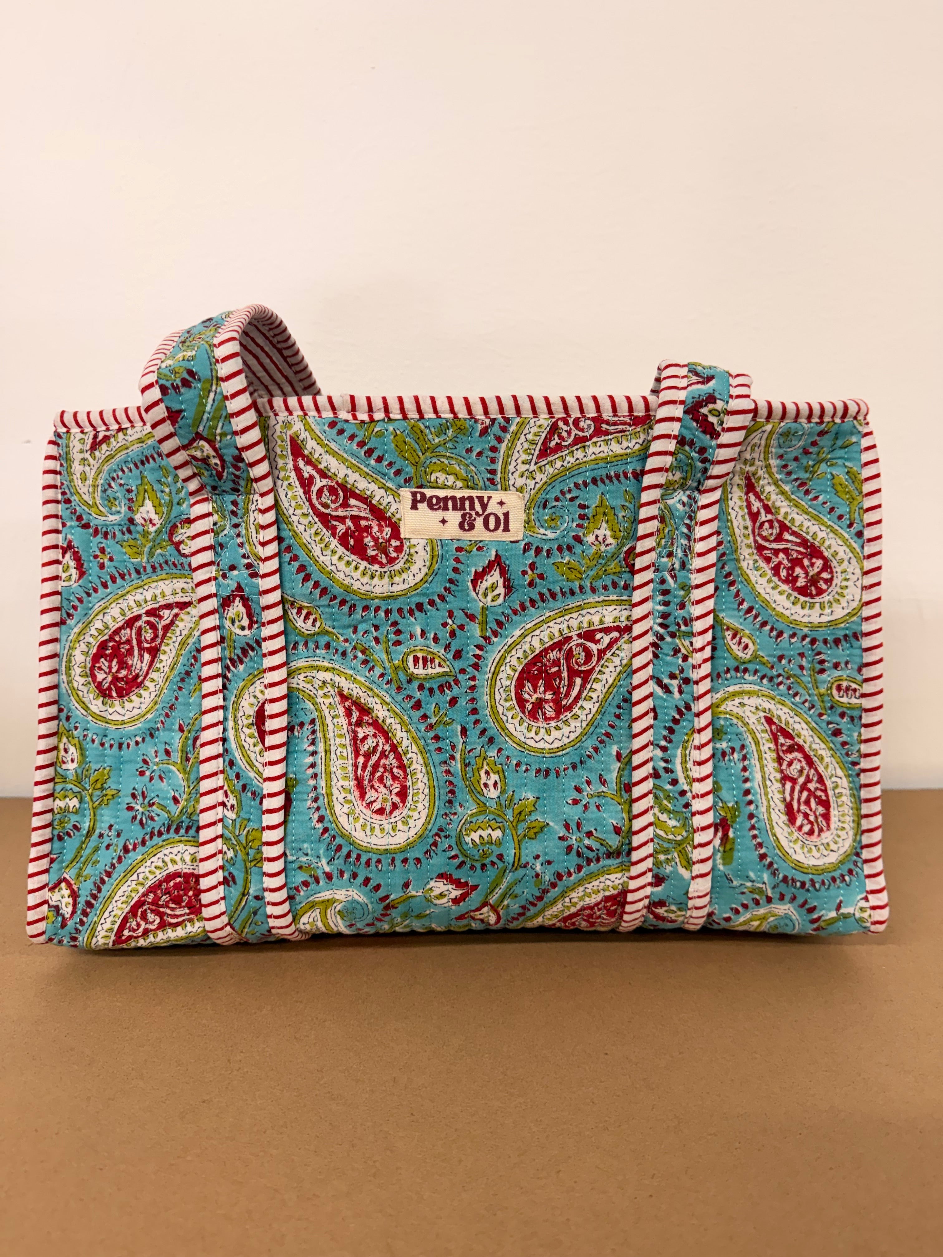 Turquoise Paisley Medium Cotton, handmade tote bag