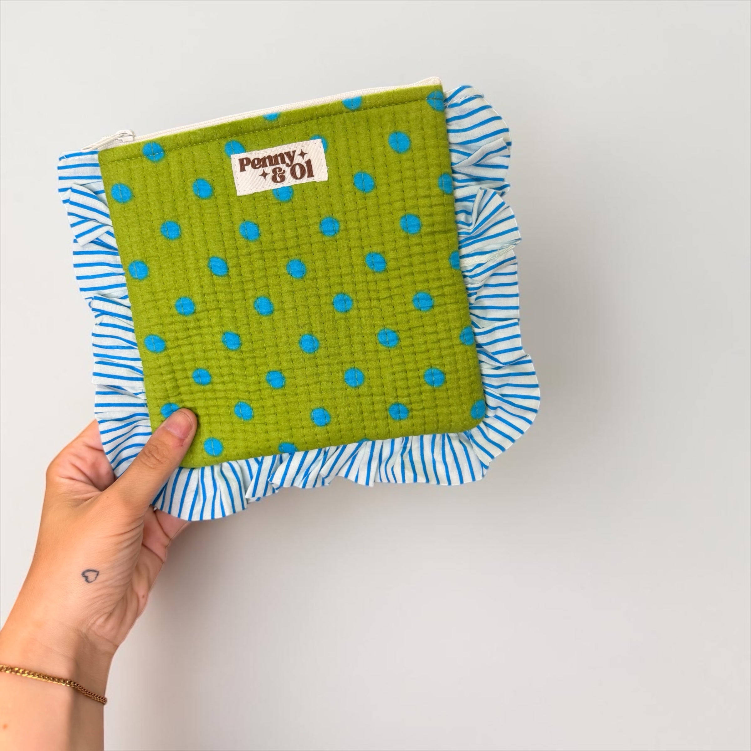 Green With Blue Polka Dot Ruffle Pouch