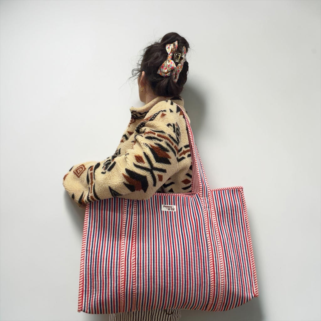 Red Blue Stripes LARGE Cotton Tote Bag