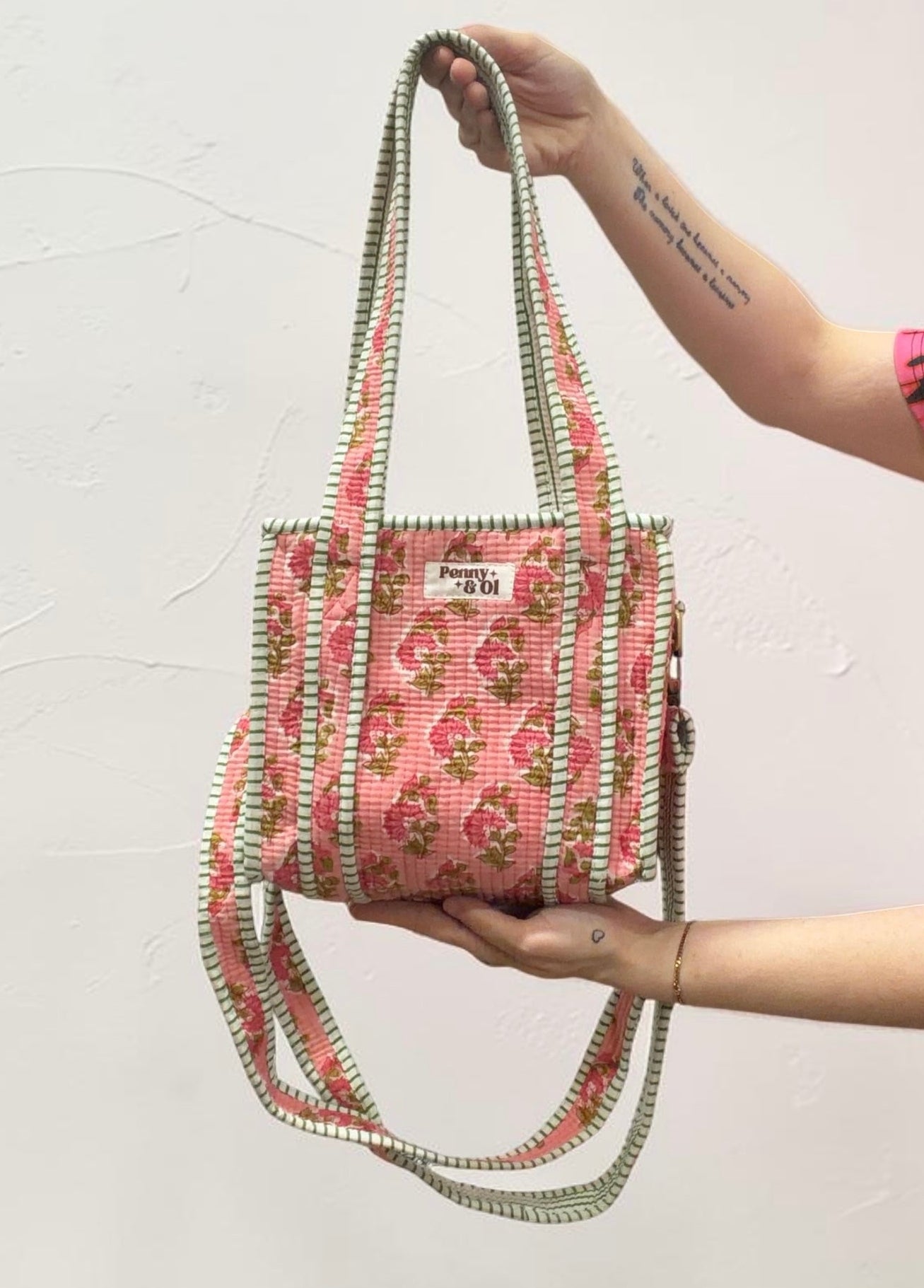 Pink Floral Blockprint Mini Tote Bag - Penny & Ol
