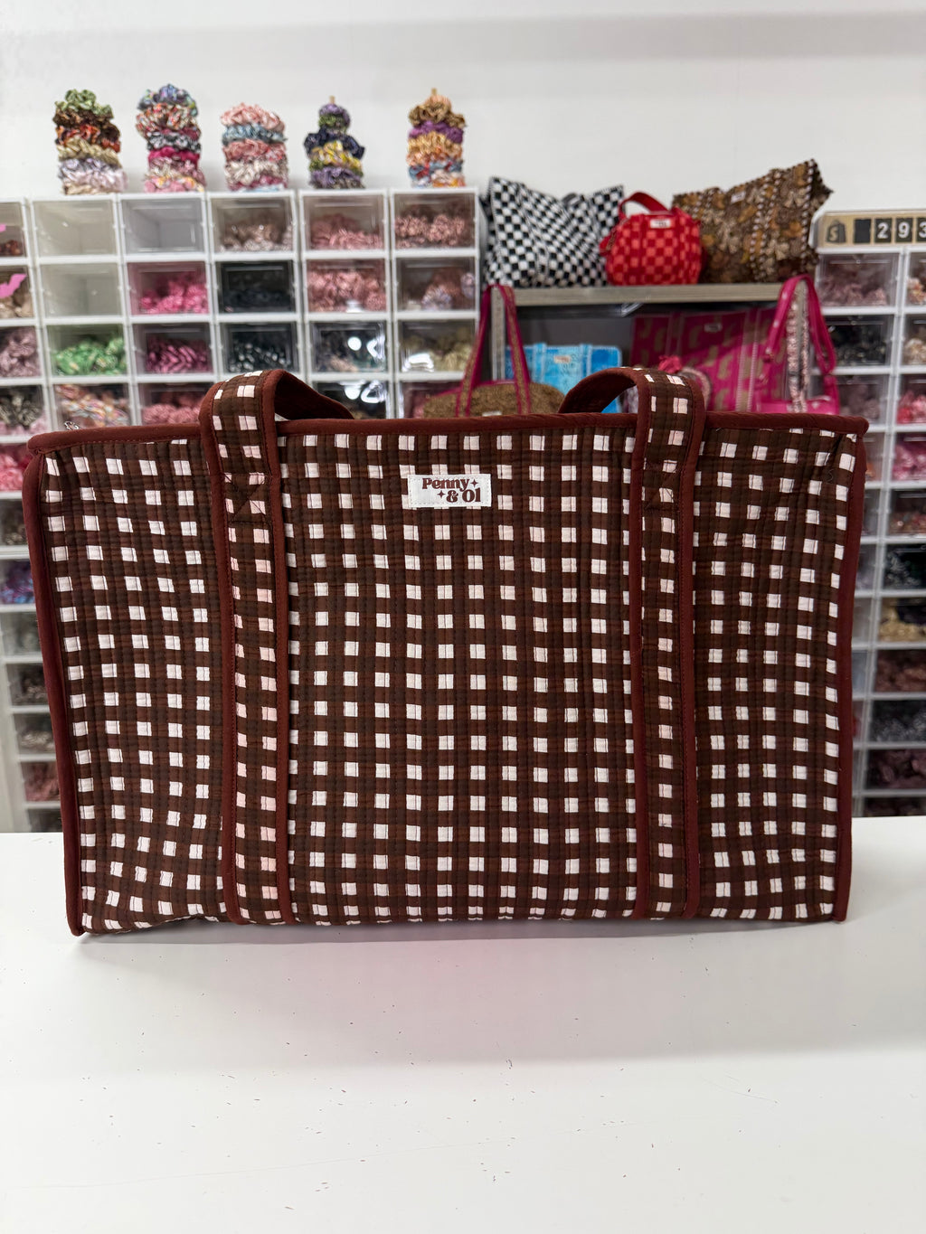 Chocolate Gingham LARGE Cotton Tote Bag