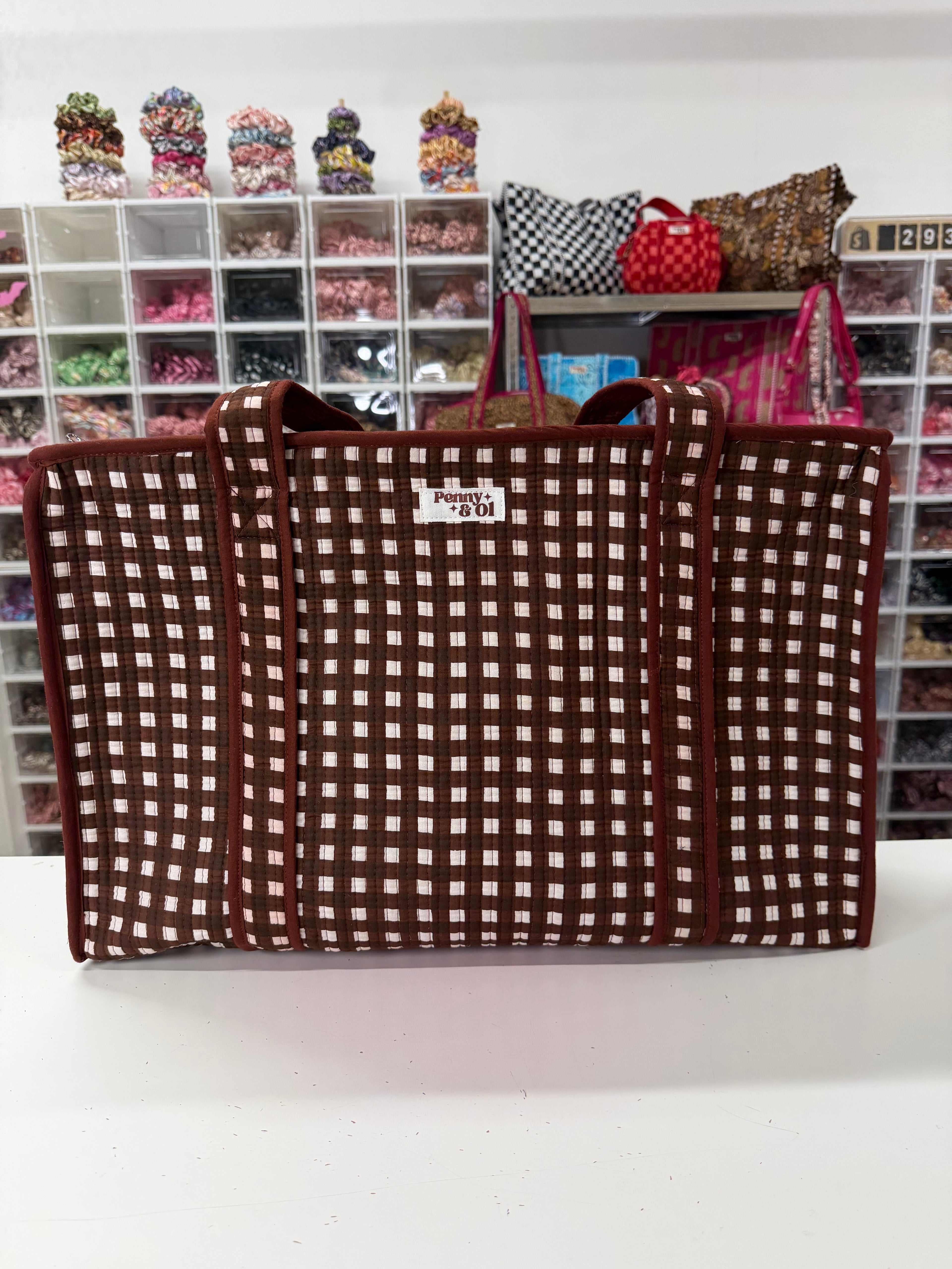 Chocolate Gingham LARGE Cotton Tote Bag