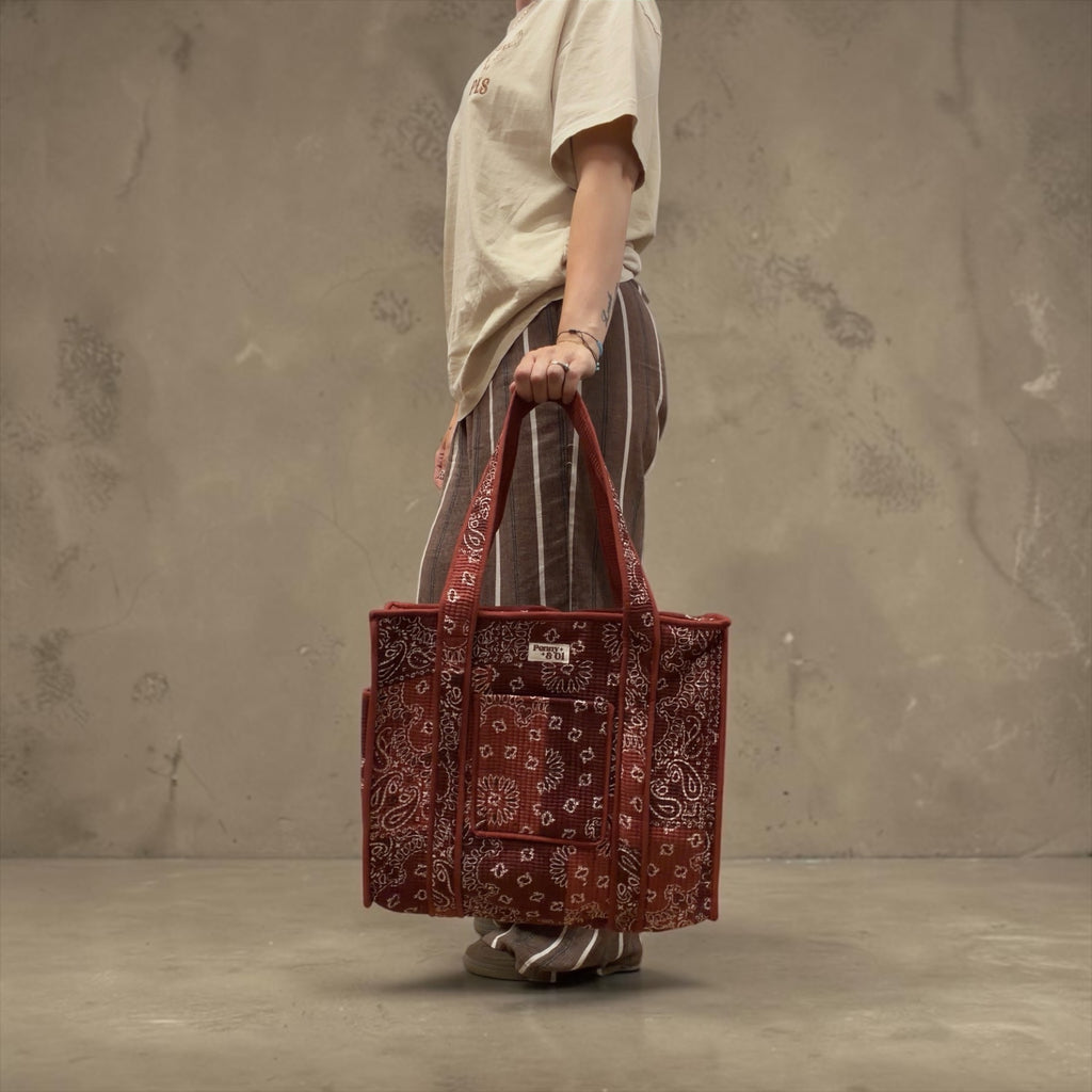 Burgundy Paisley Bandana Travel Tote, Handmade Cotton Tote Bag