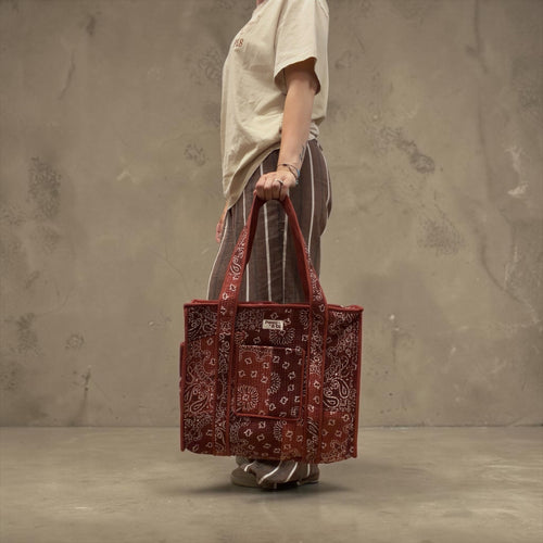 Burgundy Paisley Bandana Travel Tote, Handmade Cotton Tote Bag
