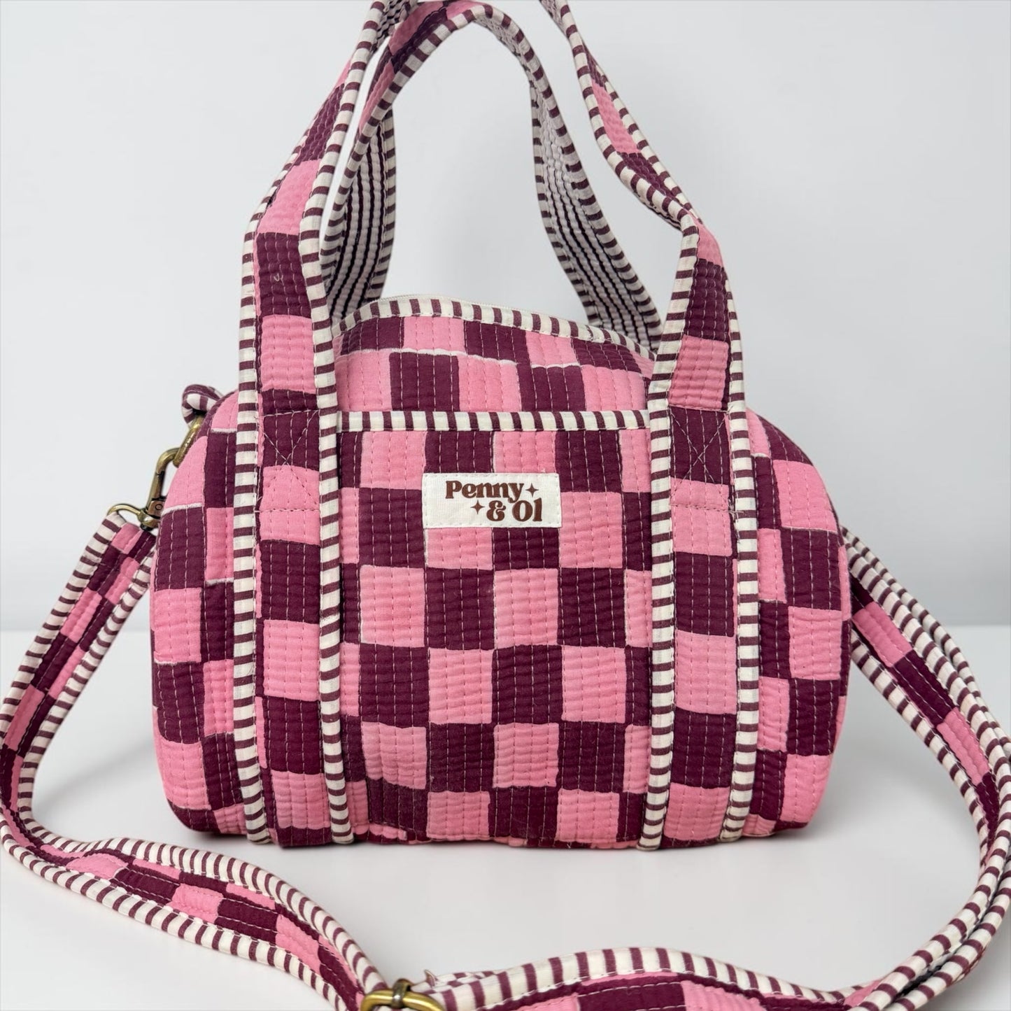 Pink & burgundy checkerboard mini duffle bags