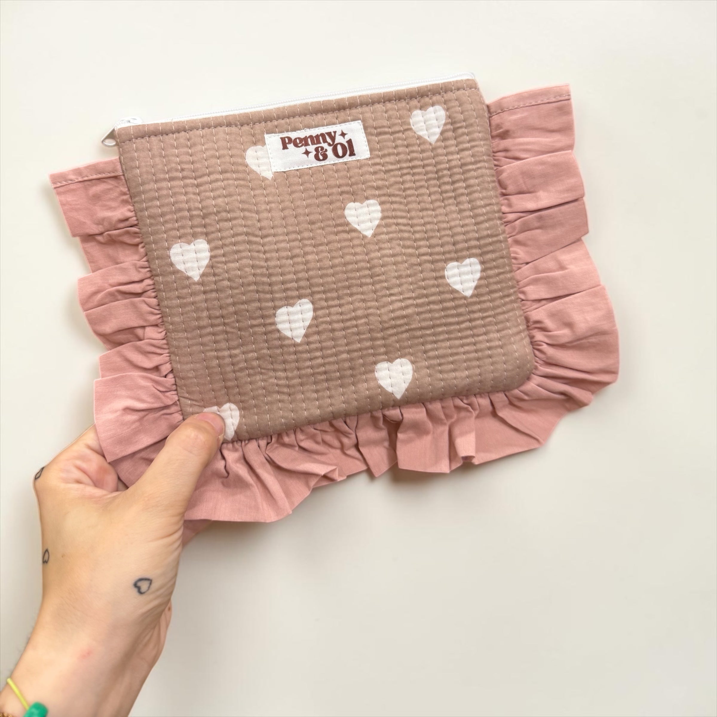 Beigey Pink Hearts Ruffle Pouch