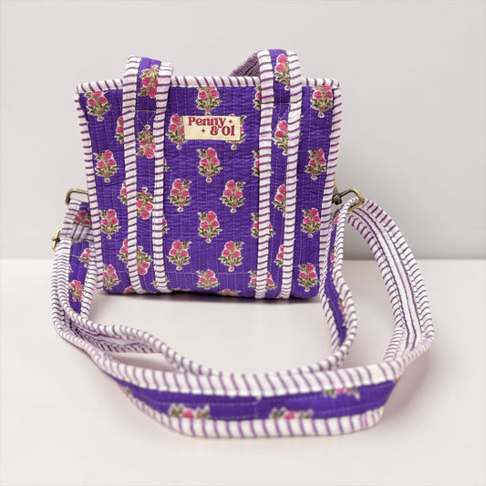 Purple Floral Blockprint MINI Tote Bag - Penny & Ol