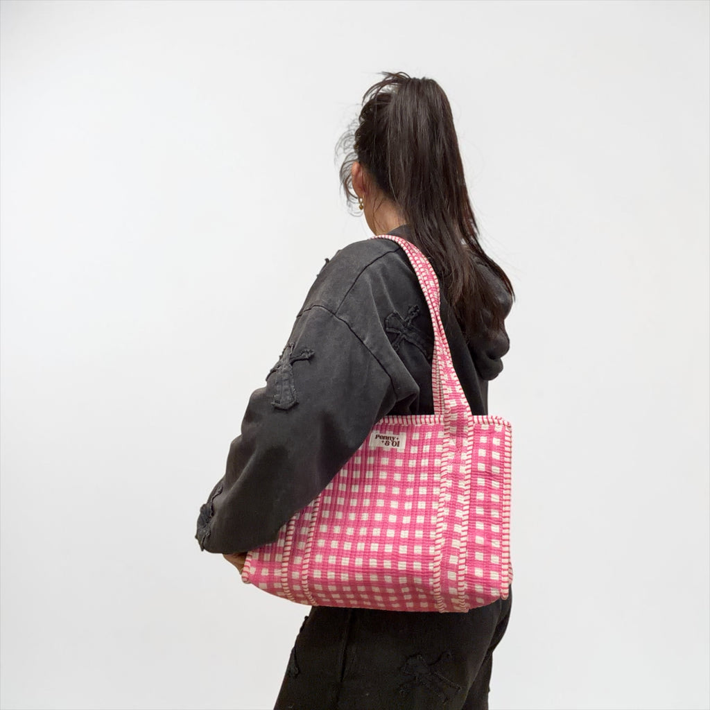 Pink Gingham MEDIUM Cotton tote bag