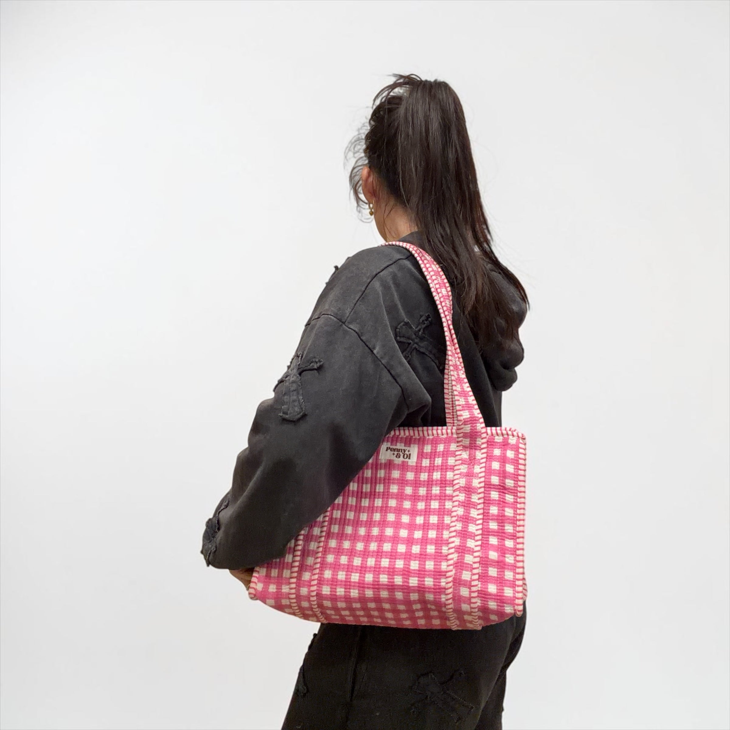 Pink Gingham MEDIUM Cotton tote bag