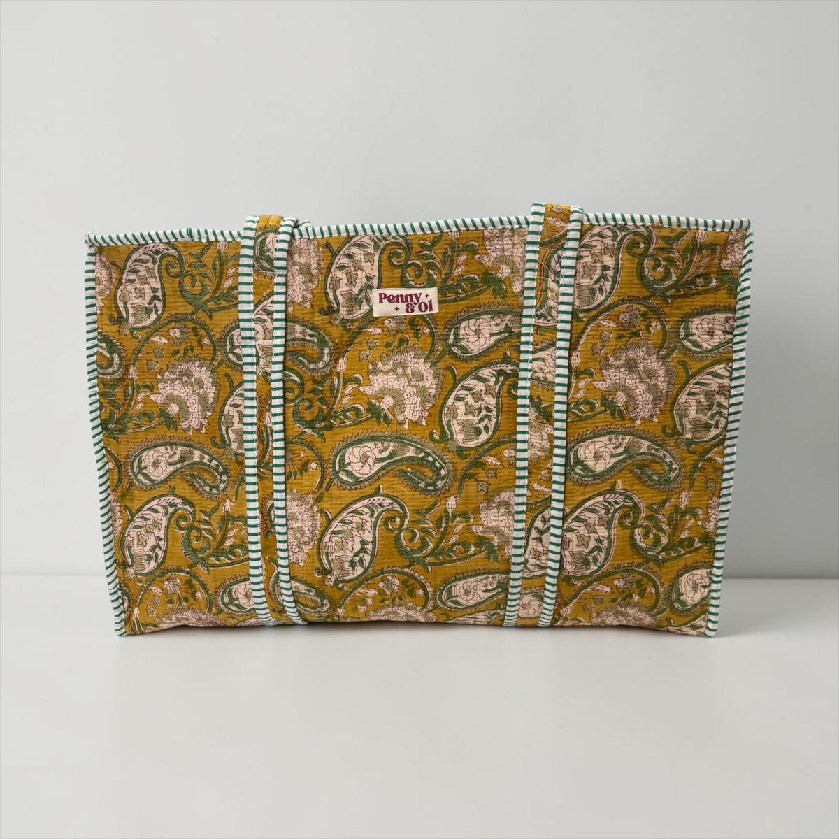 Mustard Paisley, Stripe Lining Large Cotton Tote Bag, handmade tote bags